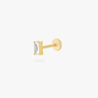 This is an image of a gold toned flatback stud that displays a 5mm, clear baguette cut CZ stone.