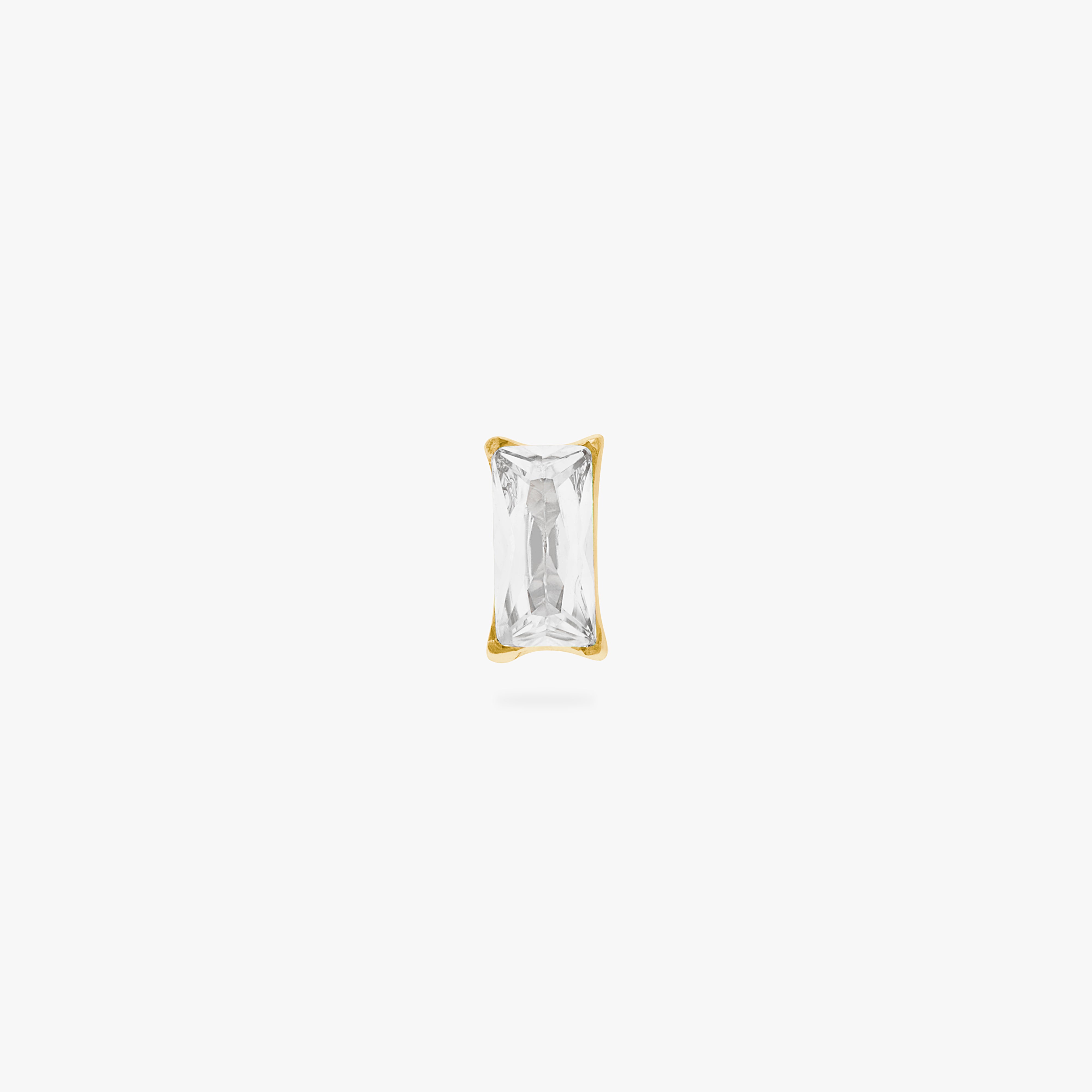 This is an image of a gold toned flatback stud that displays a 5mm, clear baguette cut CZ stone.