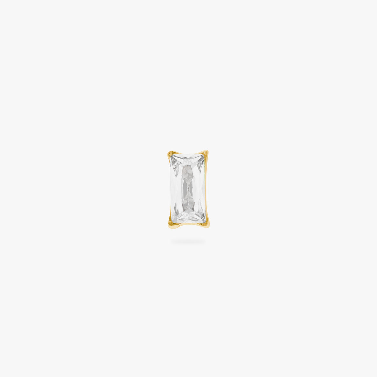 This is an image of a gold toned flatback stud that displays a 5mm, clear baguette cut CZ stone.