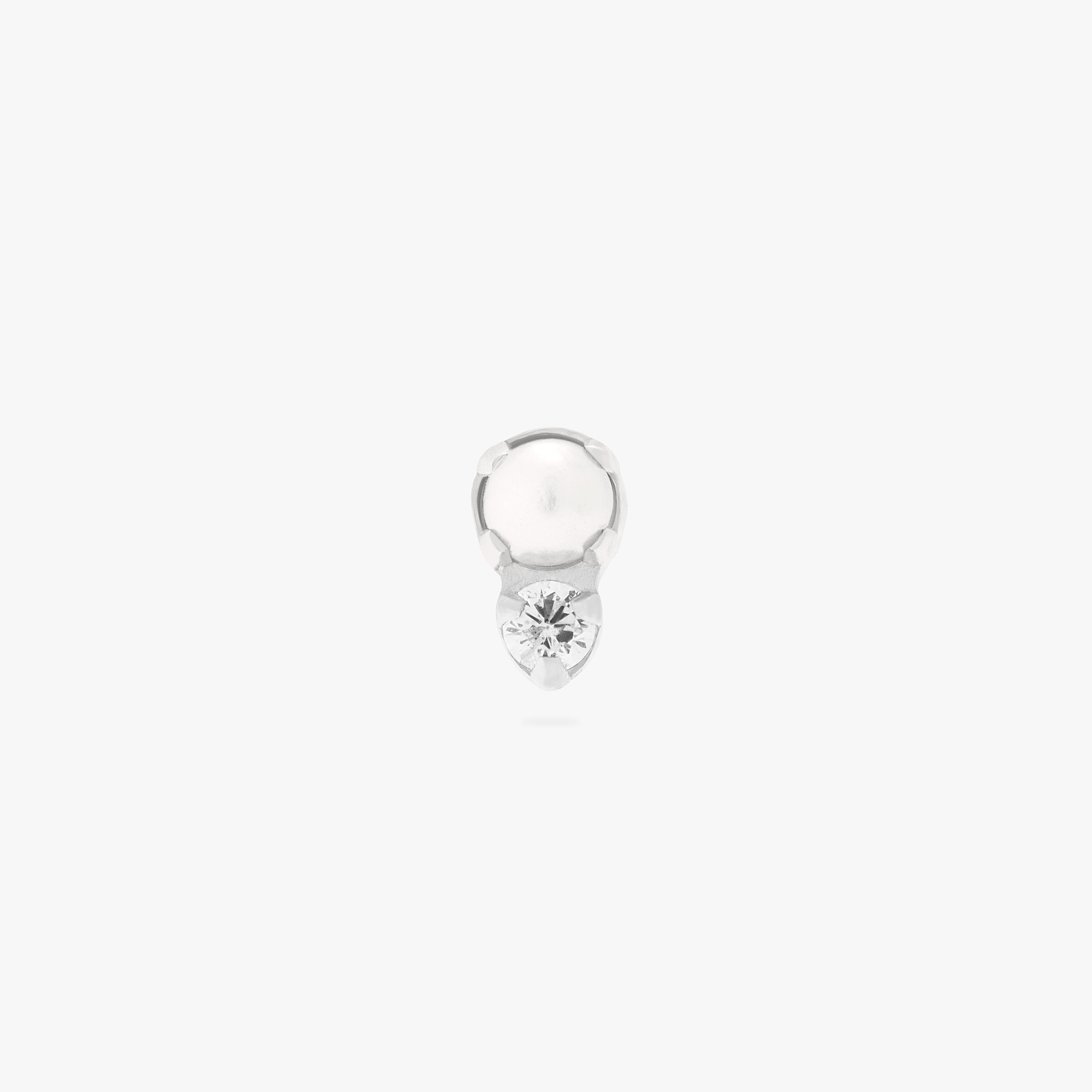 This is an image of a flatback top which has a pearl stacked over silver/clear CZ and then a silver labret that has a circle disc with the "S" logo engraved on it. color:null|silver/clear