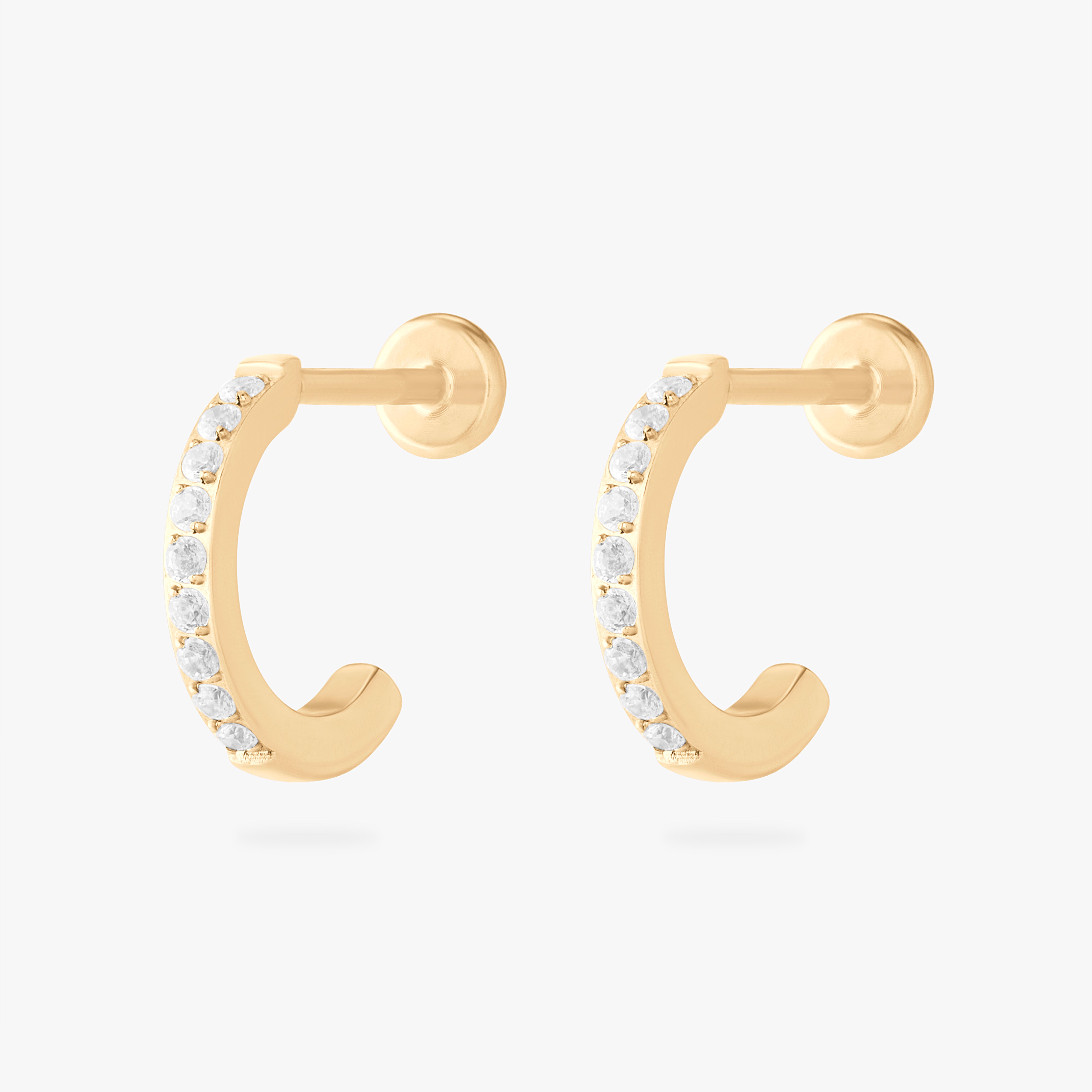 gold pave flatback huggie with a labret backing with cz accents [pair] color:null|gold