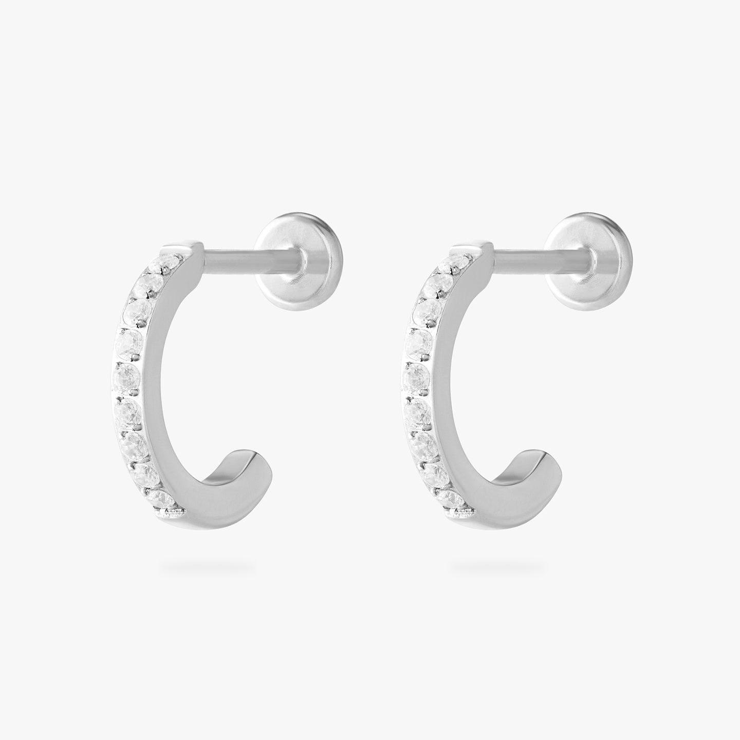 silver pave flatback huggie with a labret backing with cz accents [pair] color:null|silver