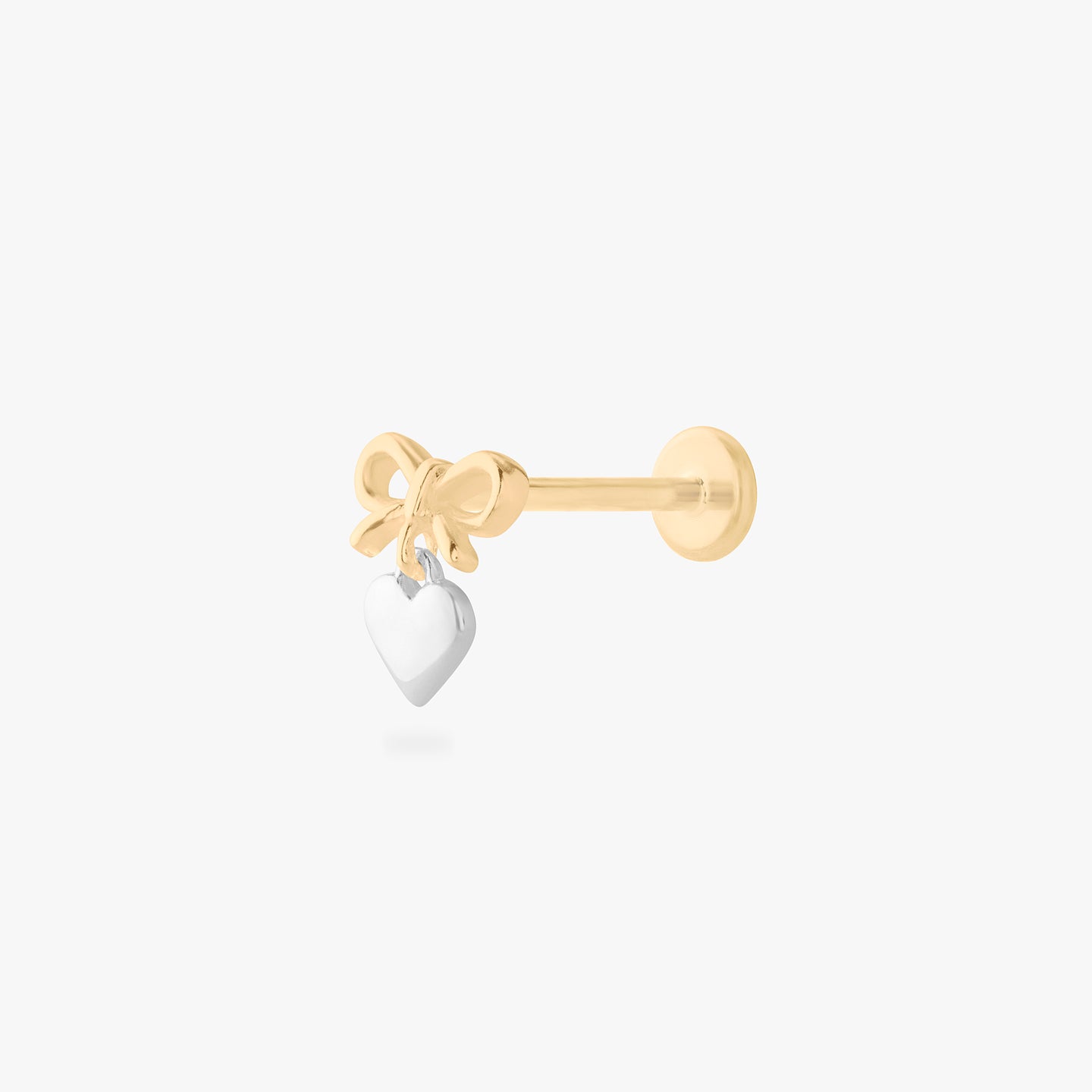 two tone bow flatback stud with a heart dangle color:null|gold/silver