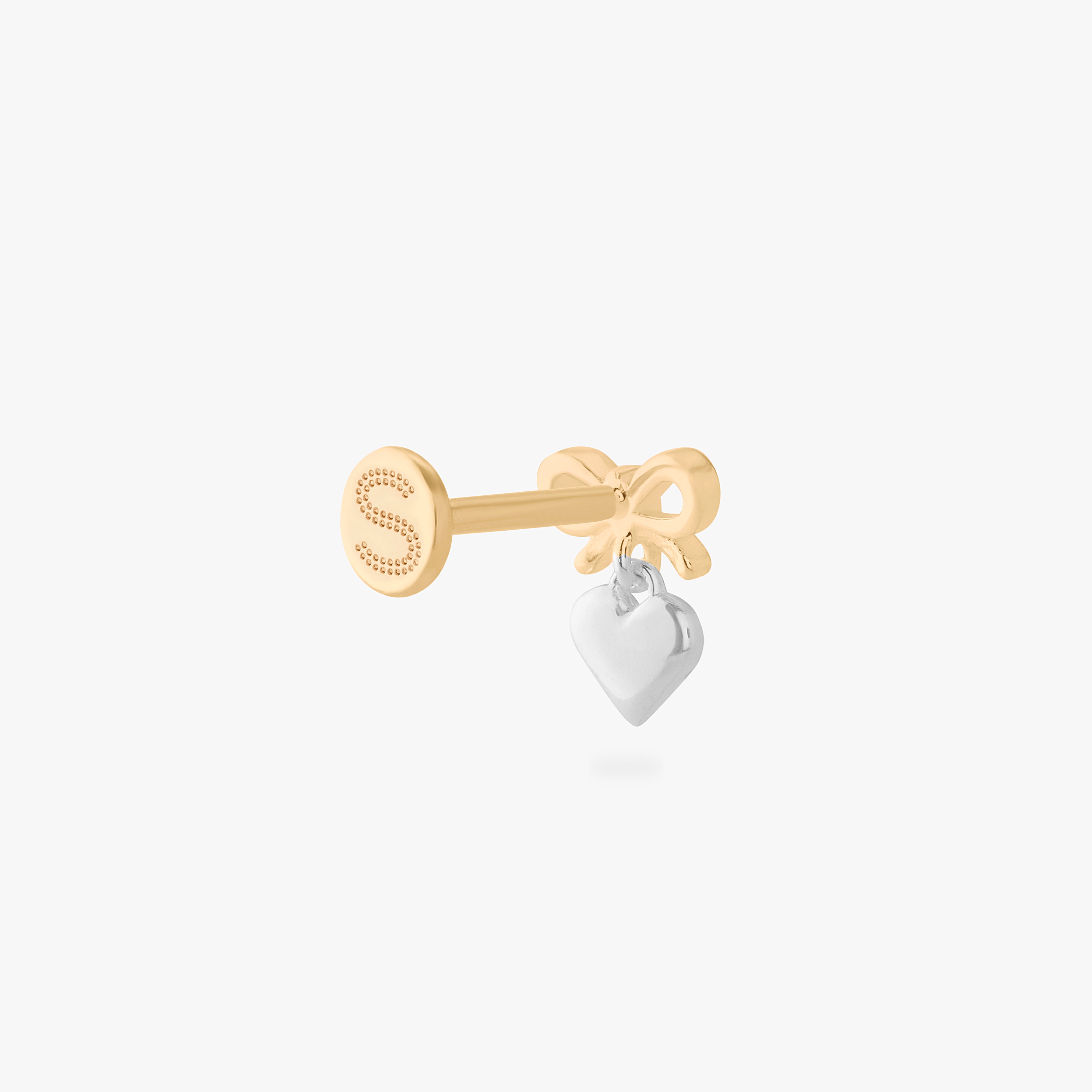 two tone bow flatback stud with a heart dangle color:null|gold/silver