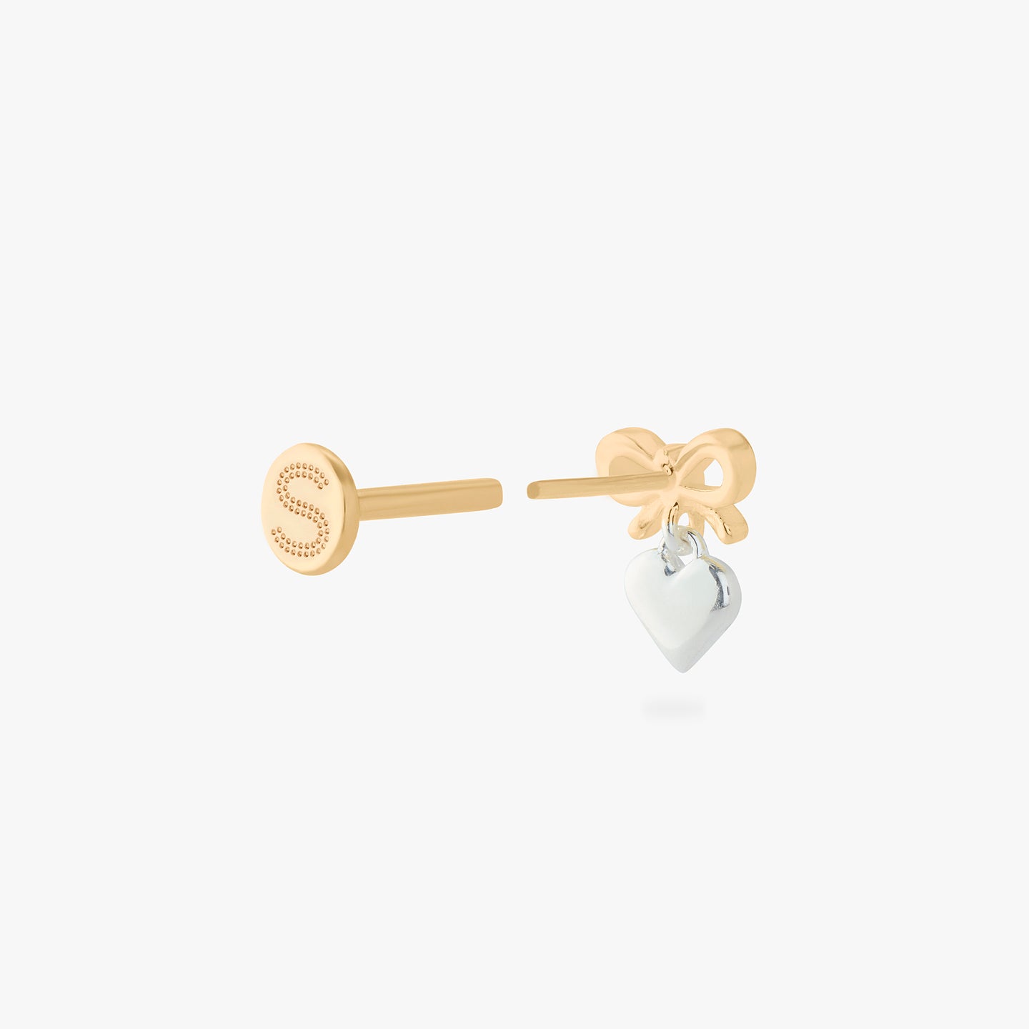 two tone bow flatback stud with a heart dangle color:null|gold/silver