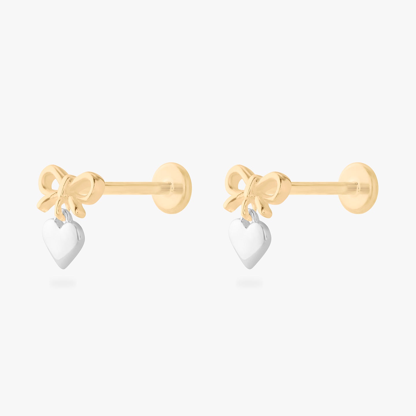 two tone bow flatback stud with a heart dangle [pair] color:null|gold/silver