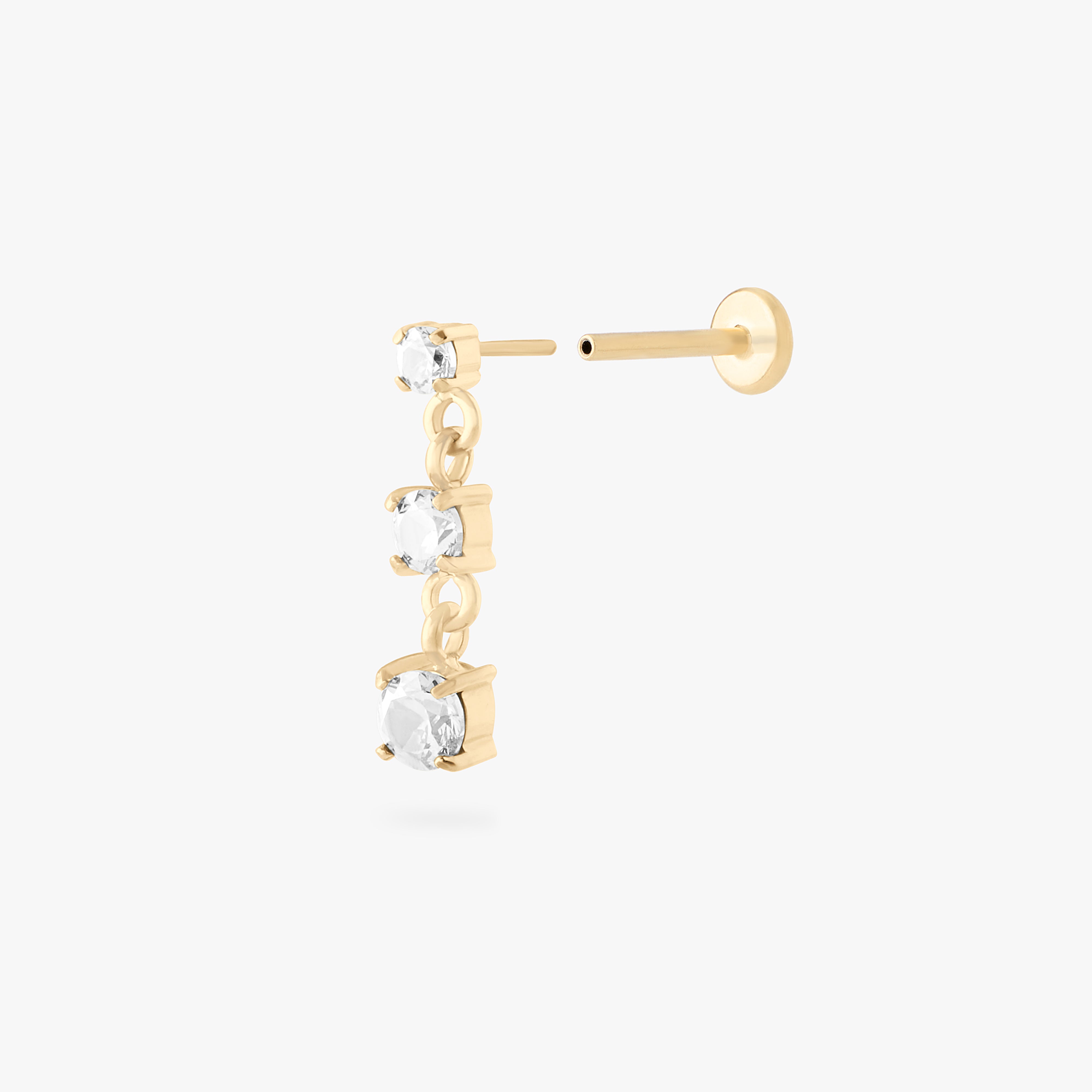 gold flatback with 3 dangling cz stones in clear color:null|gold/clear