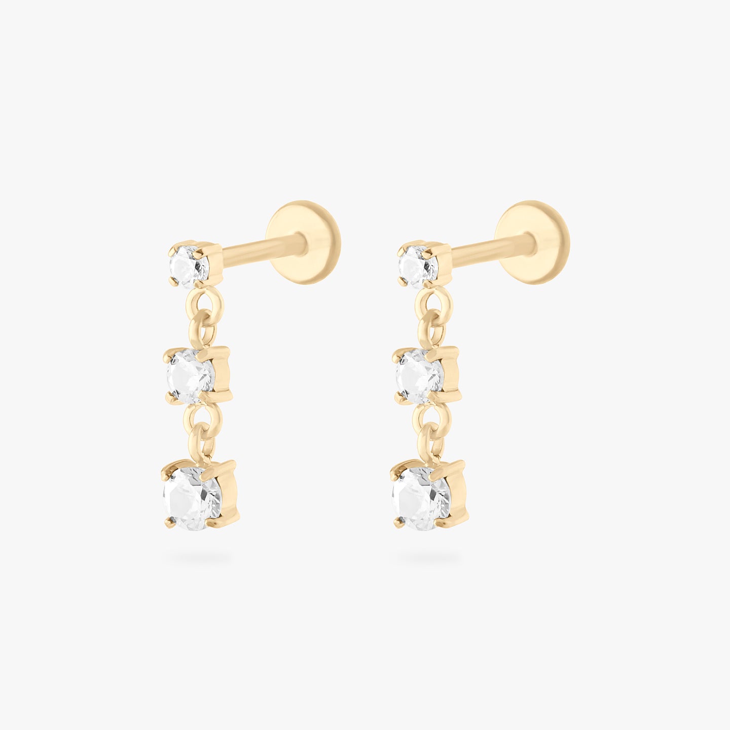 gold flatback with 3 dangling cz stones in clear [pair] color:null|gold/clear