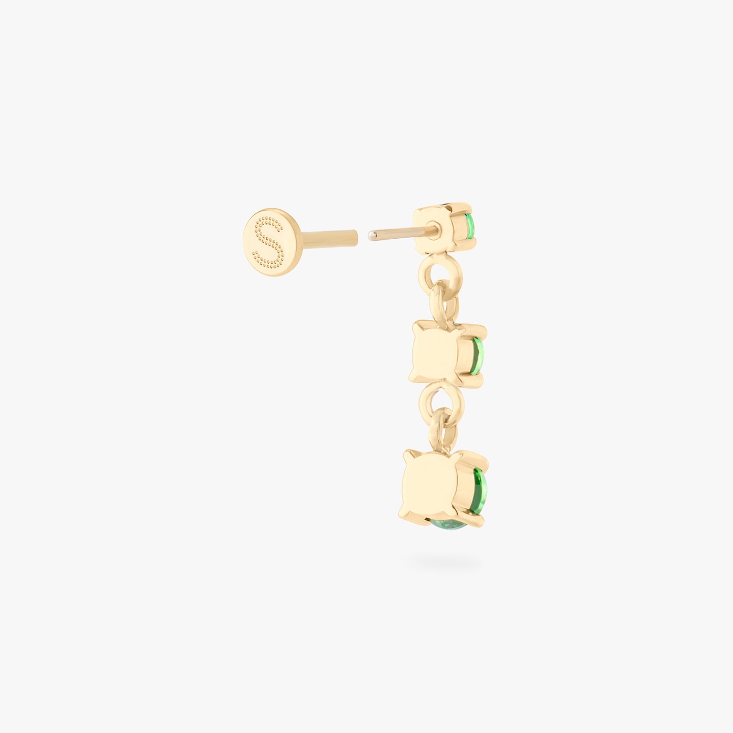 gold flatback with 3 dangling cz stones in green color:null|gold/green