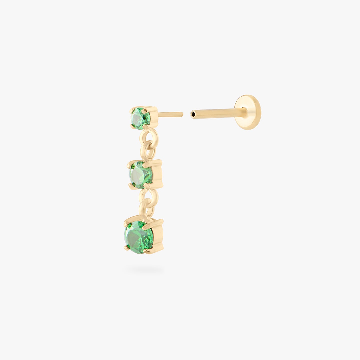 gold flatback with 3 dangling cz stones in green color:null|gold/green