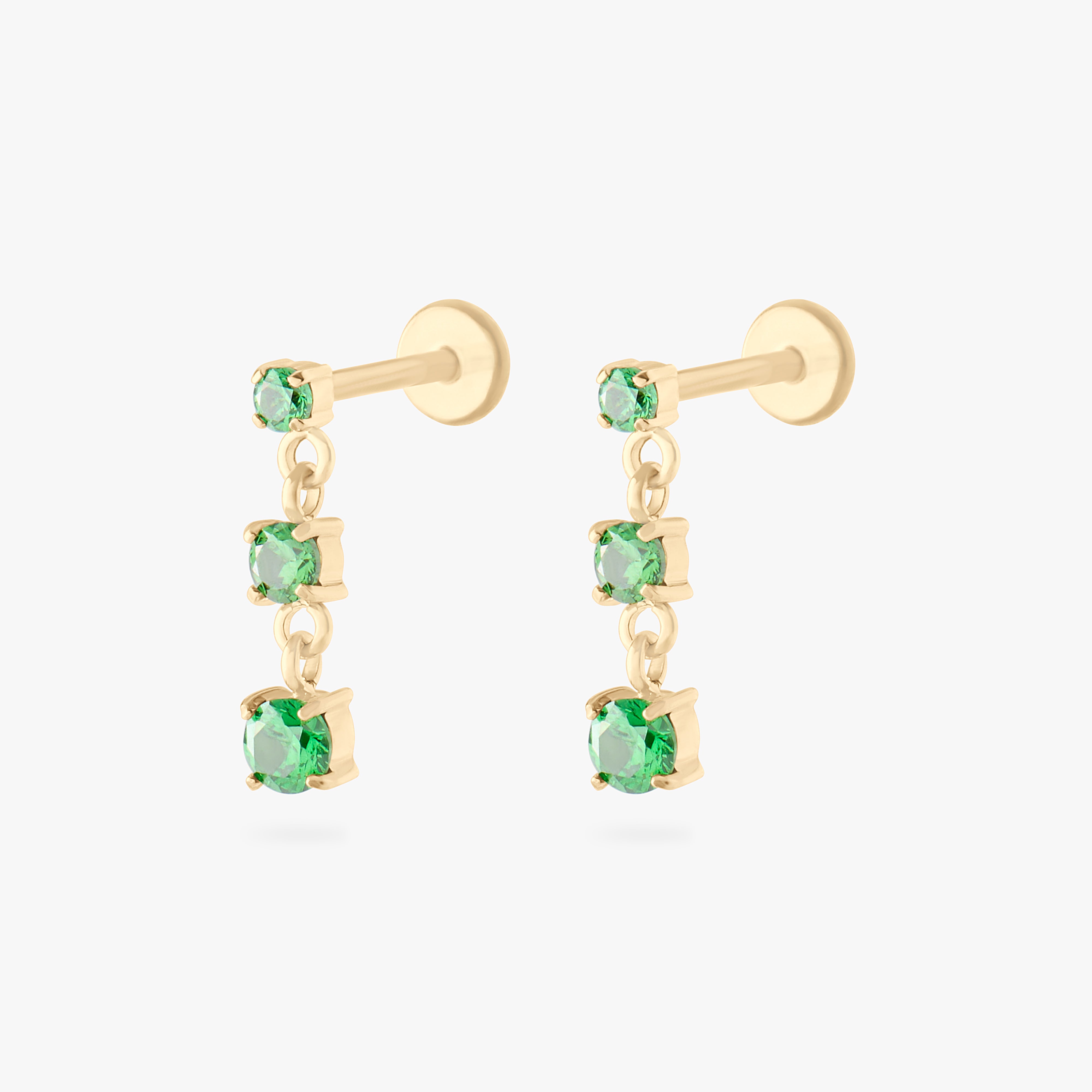 gold flatback with 3 dangling cz stones in green [pair] color:null|gold/green
