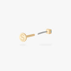 Gold flatback stud earring with engraved letter S and small blue micro CZ stones shown from front angle