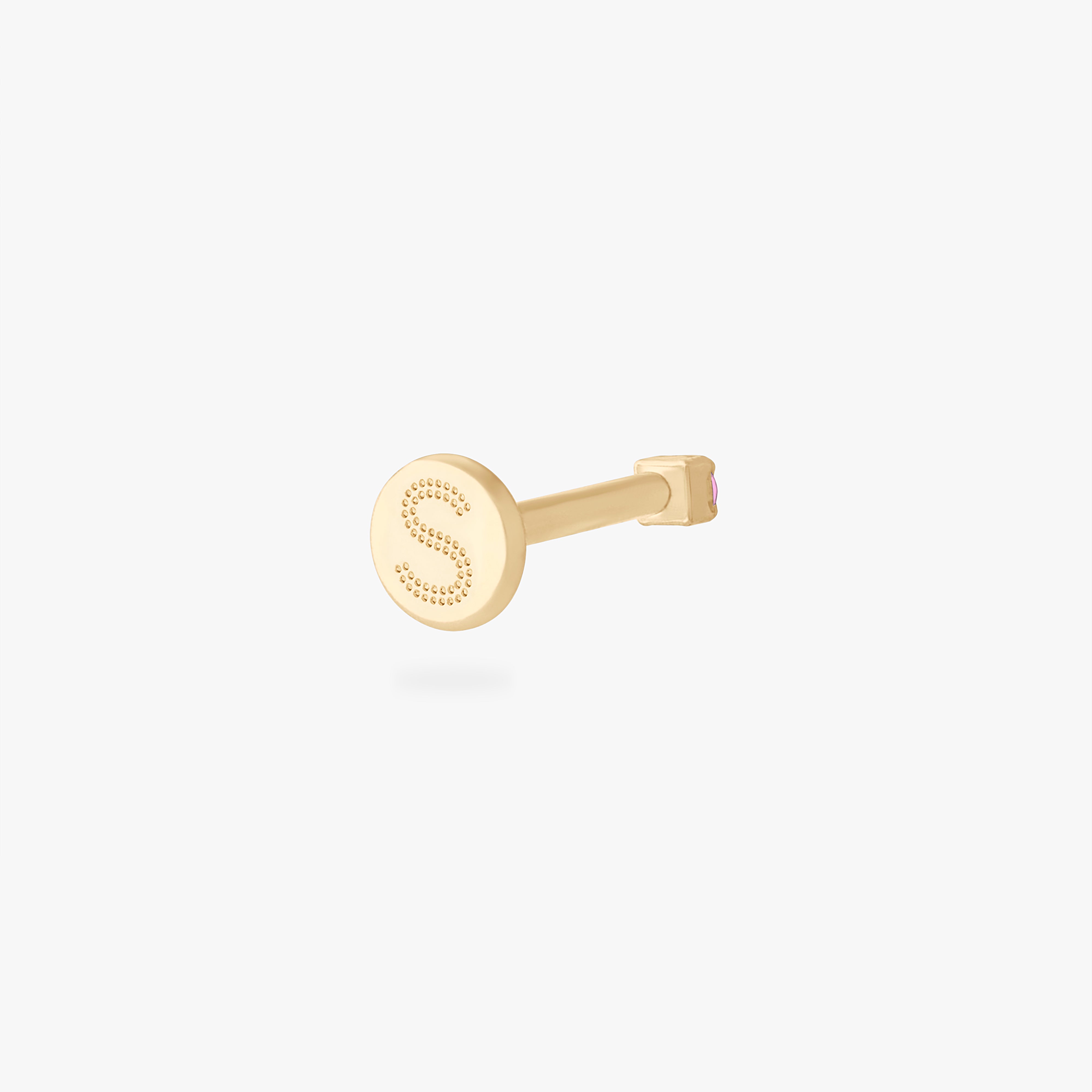 This is an image of a 14K yellow gold PVD plated titanium flatback stud with a pink CZ stone. - Alternative view 3