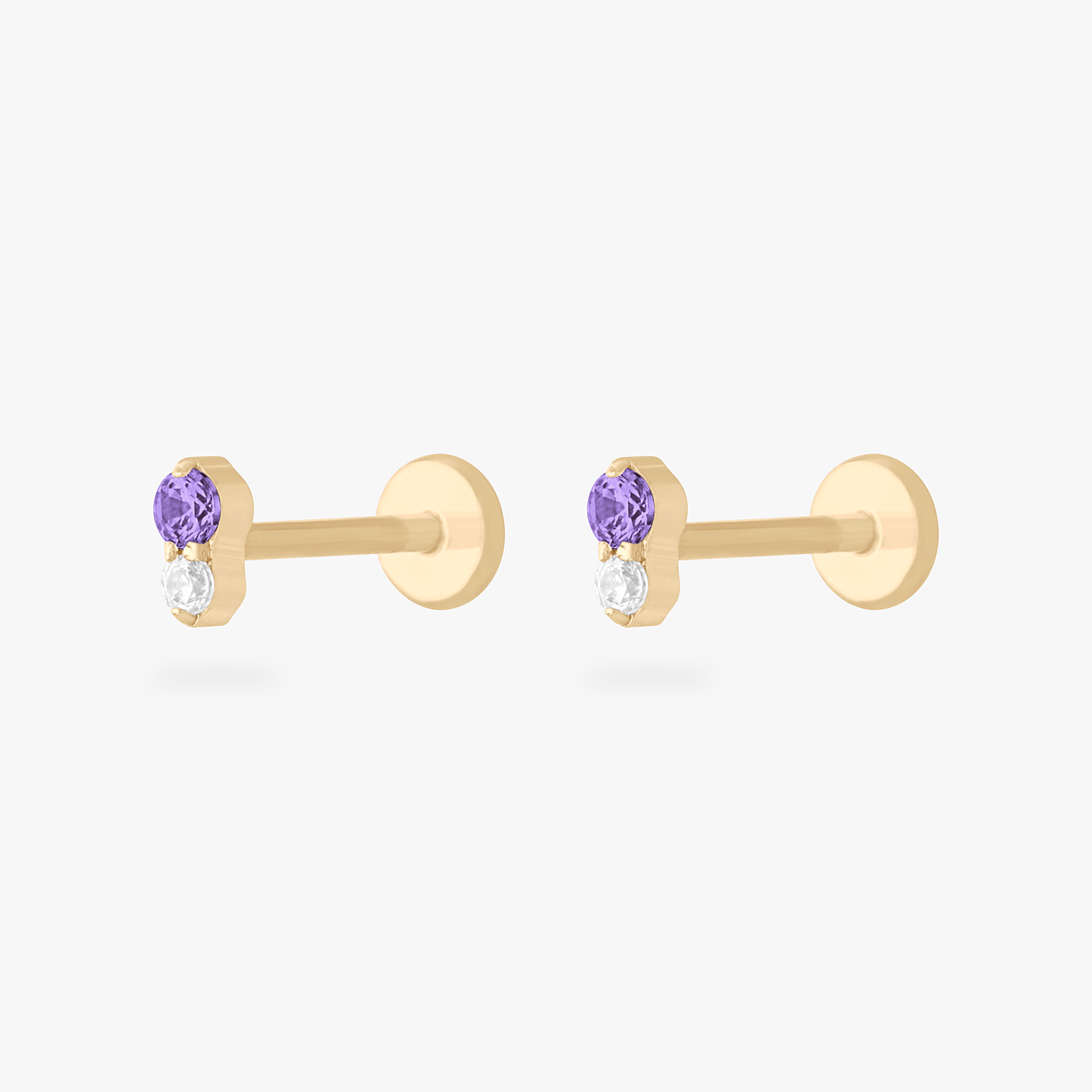 This is a pair of gold flatback studs with amethyst cz's stacked over clear cz's. [pair] color:null|amethyst