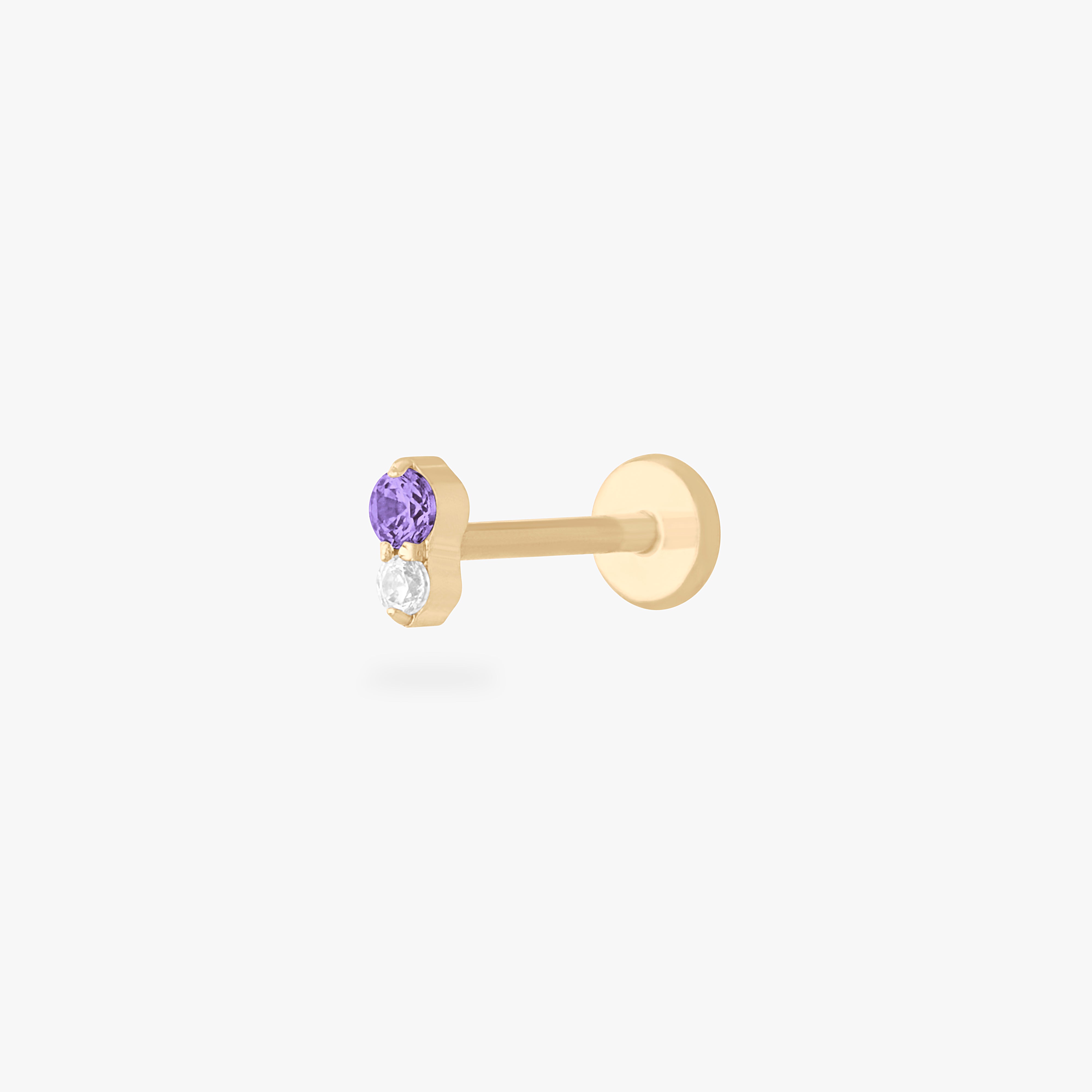 This is a gold flatback stud with an amethyst cz stacked over a clear cz. color:null|amethyst