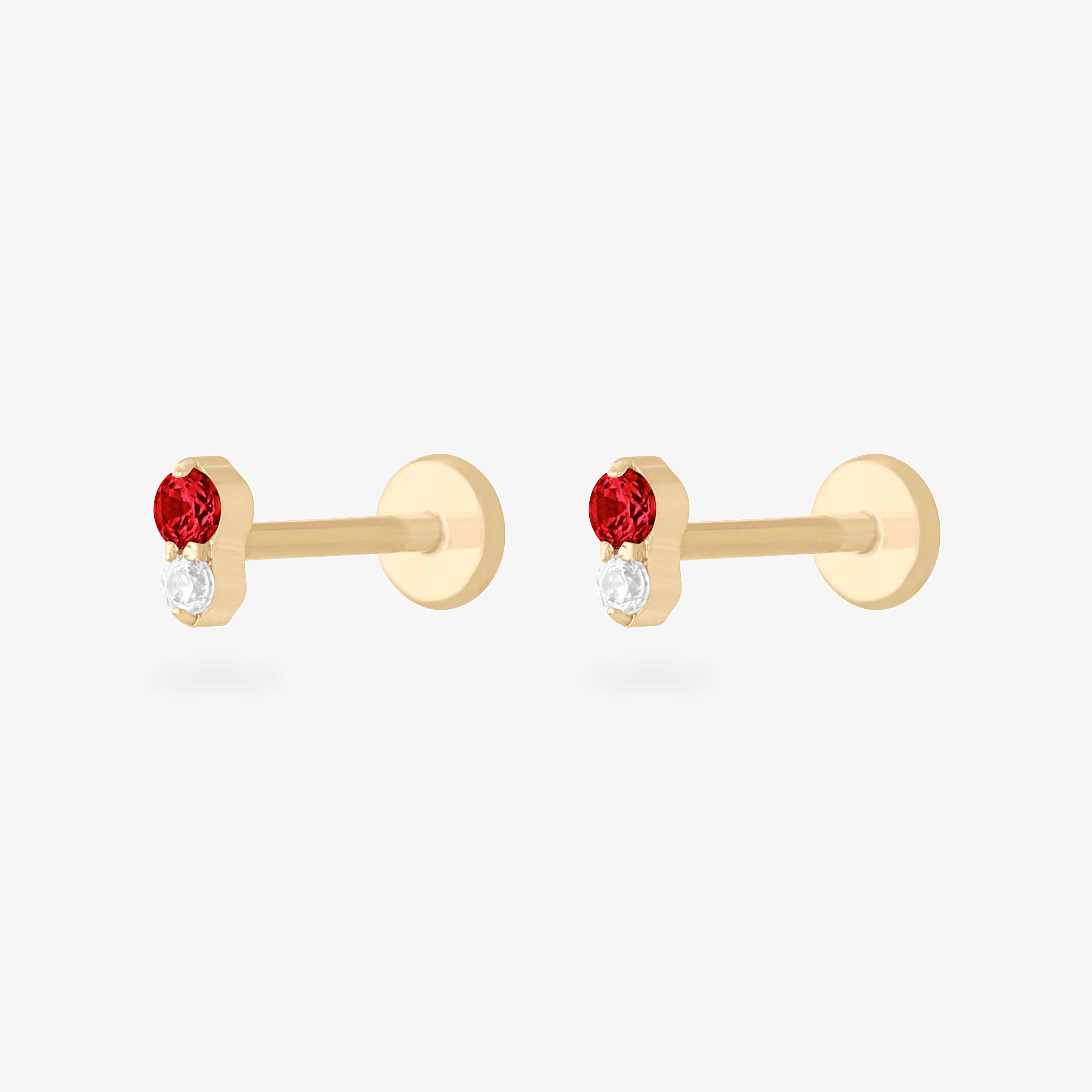 This is a pair of gold flatback studs with garnet cz's stacked over clear cz's. [pair] color:null|garnet