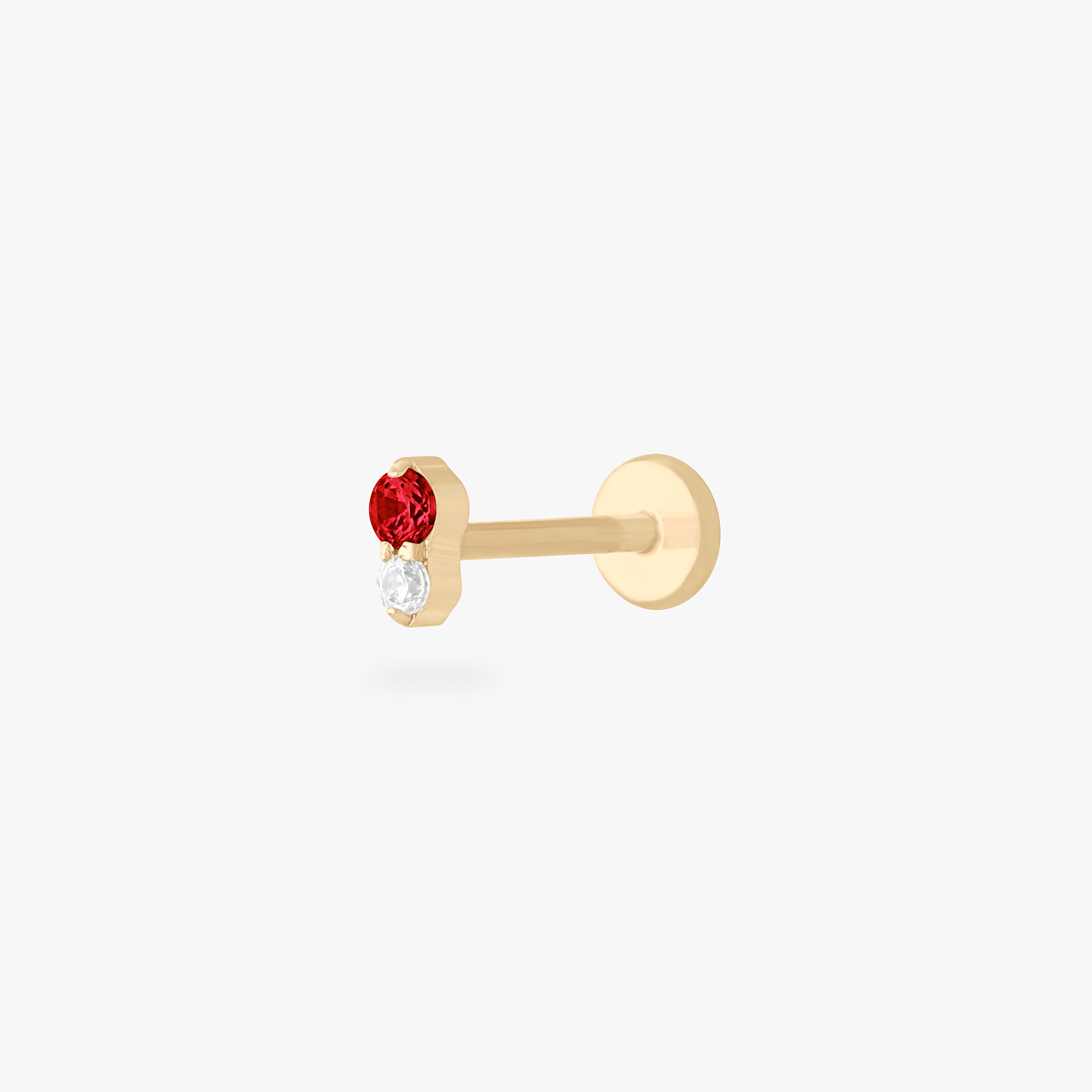 This is a gold flatback stud with a garnet cz stacked over a clear cz. color:null|garnet