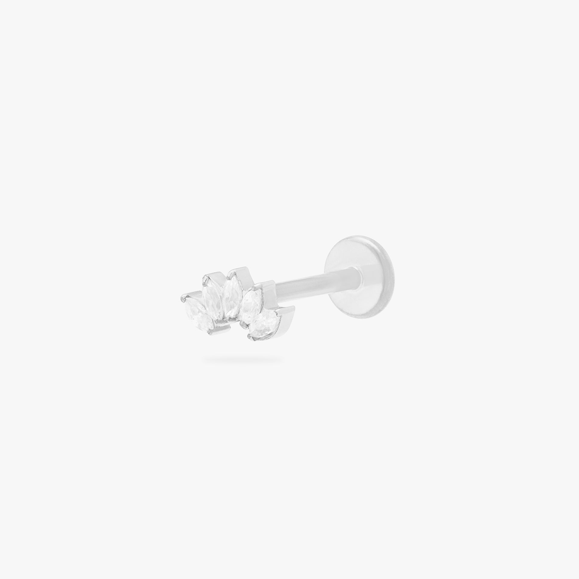 This is an image of a micro-sized silver toned stud with CZ's in a crown marquise shape. - Main view