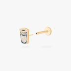 This is an image of a gold-toned flatback stud in the shape of a coffee cup with blue and white enameling. color:null|gold/blue