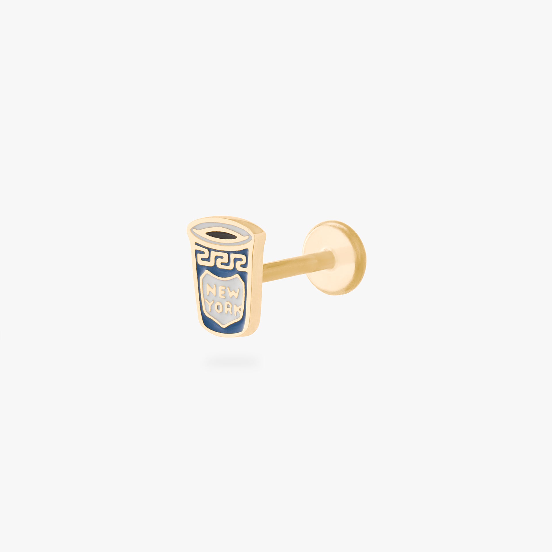 This is an image of a gold-toned flatback stud in the shape of a coffee cup with blue and white enameling. color:null|gold/blue