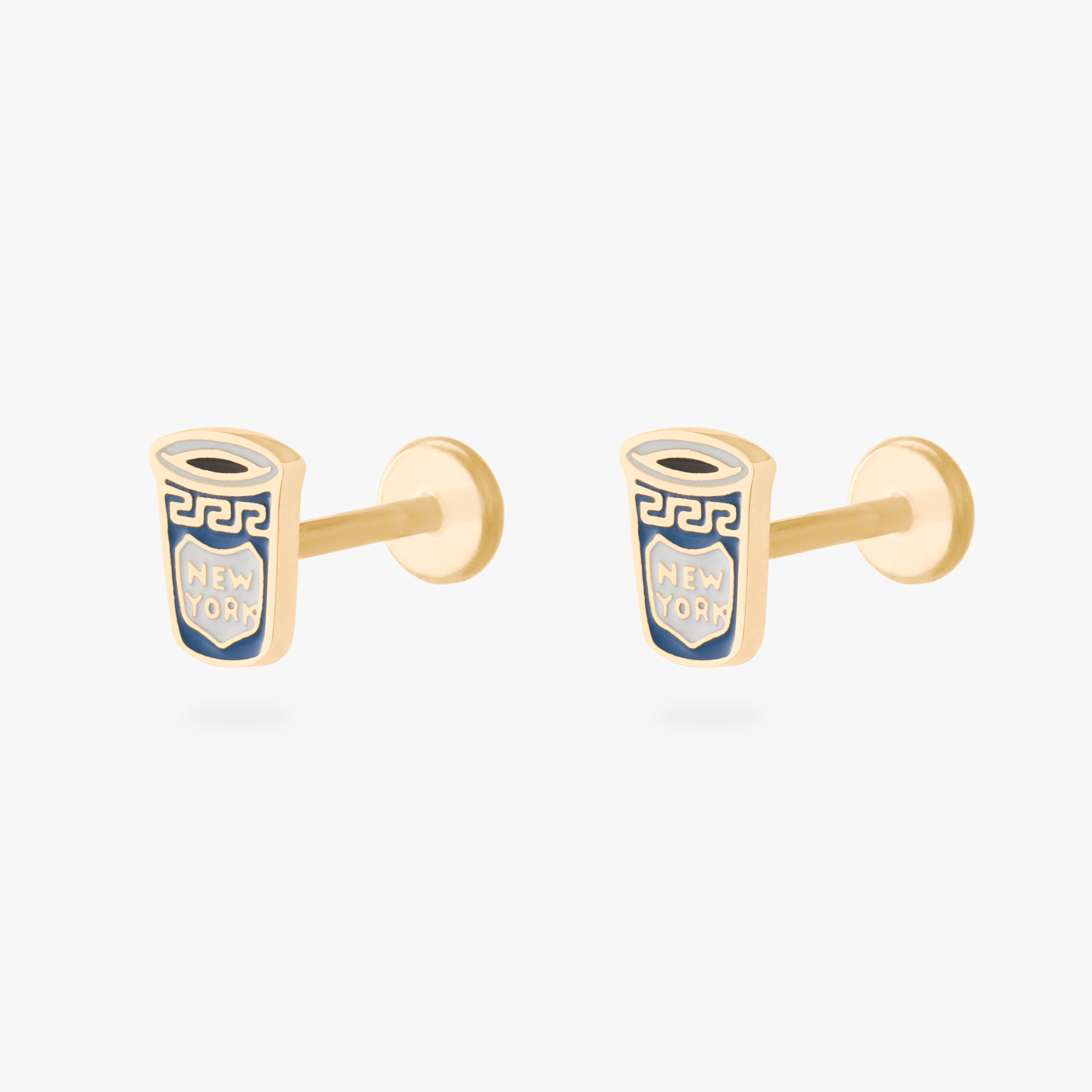 This is an image of a pair of gold-toned flatback studs in the shape of coffee cups with blue and white enameling. [pair] color:null|gold/blue