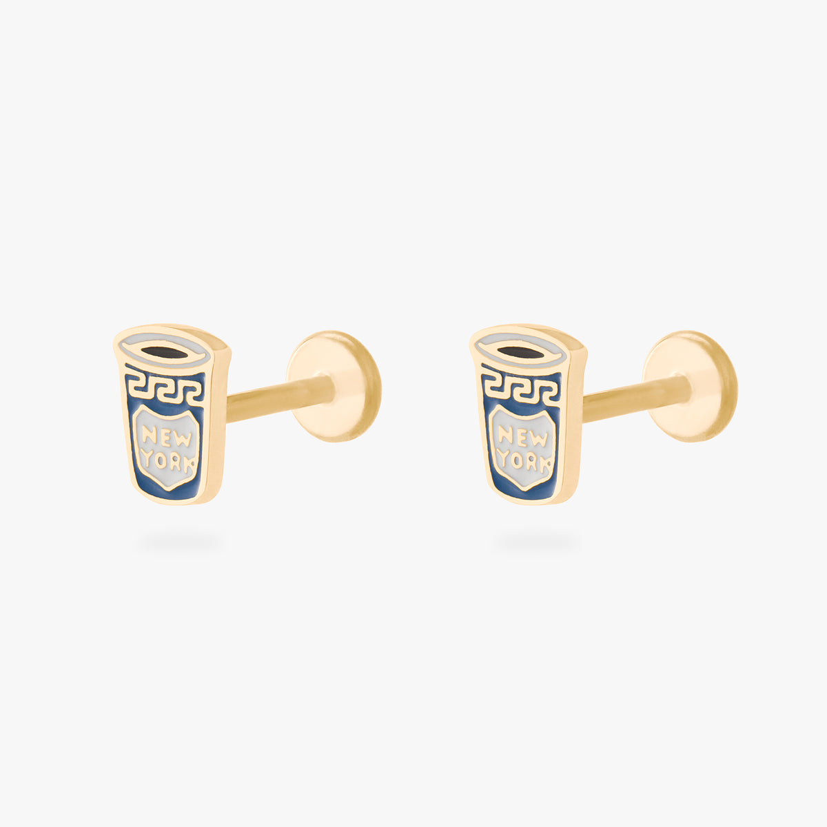 This is an image of a pair of gold-toned flatback studs in the shape of coffee cups with blue and white enameling. [pair] color:null|gold/blue