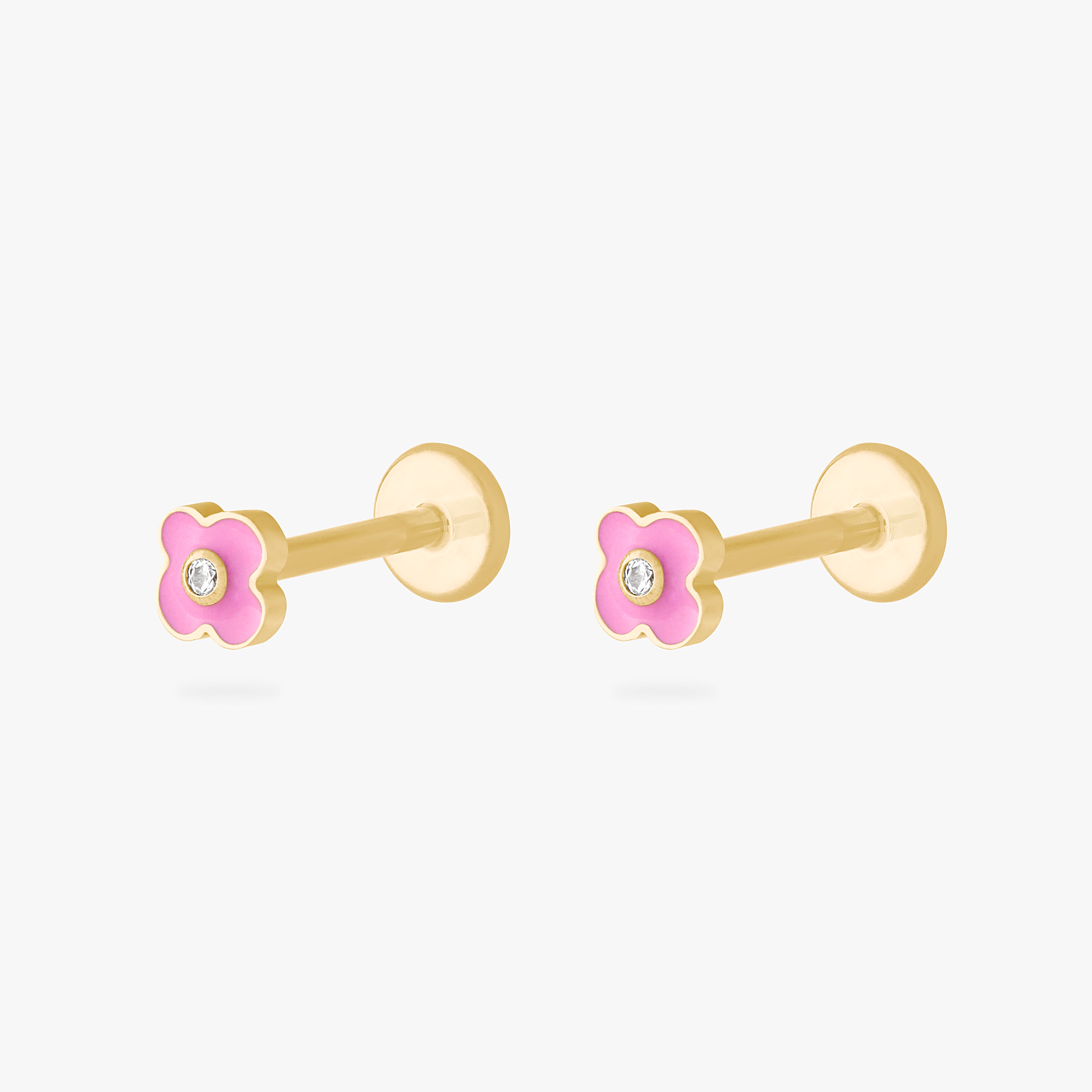 This is an image of a pair of gold toned flatbacks that are flower shaped and filled with pink enamel. [pair] color:null|gold/pink