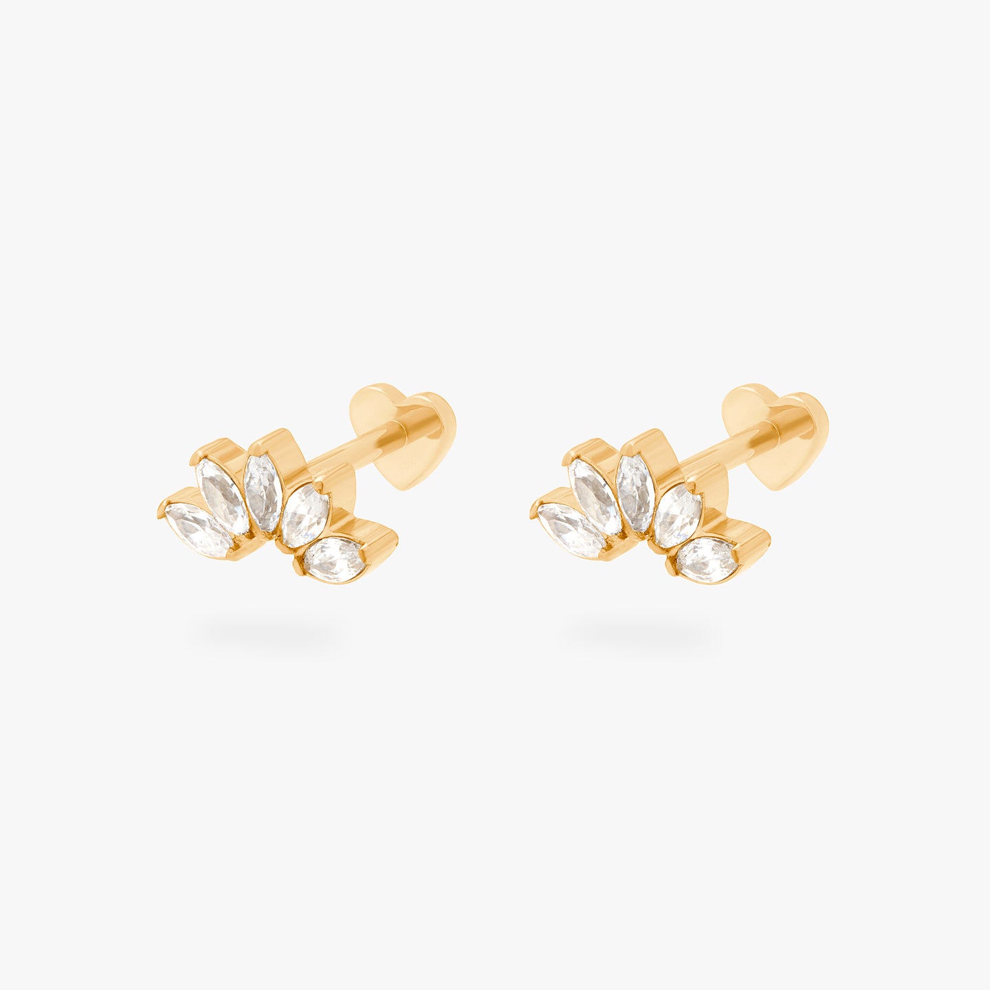 This is an image of a pair of gold/clear crown shaped flatback tops that have 5 marquise shaped CZs and heart-shaped gold flatback posts. [pair] color:null|gold/clear