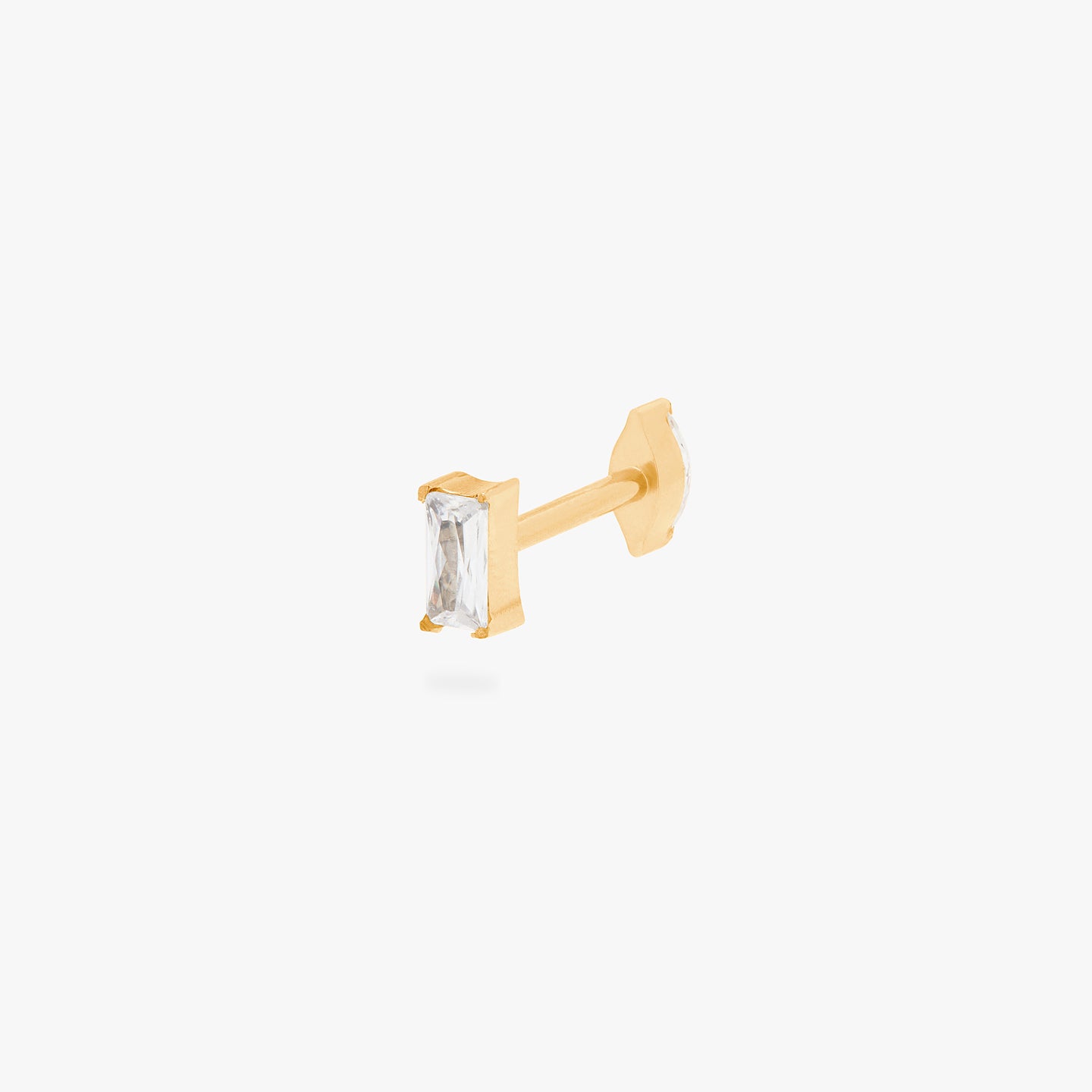 This is an image of a gold/clear baguette shaped CZ flatback top with a gold/clear marquise shaped CZ flatback post. color:null|gold/clear