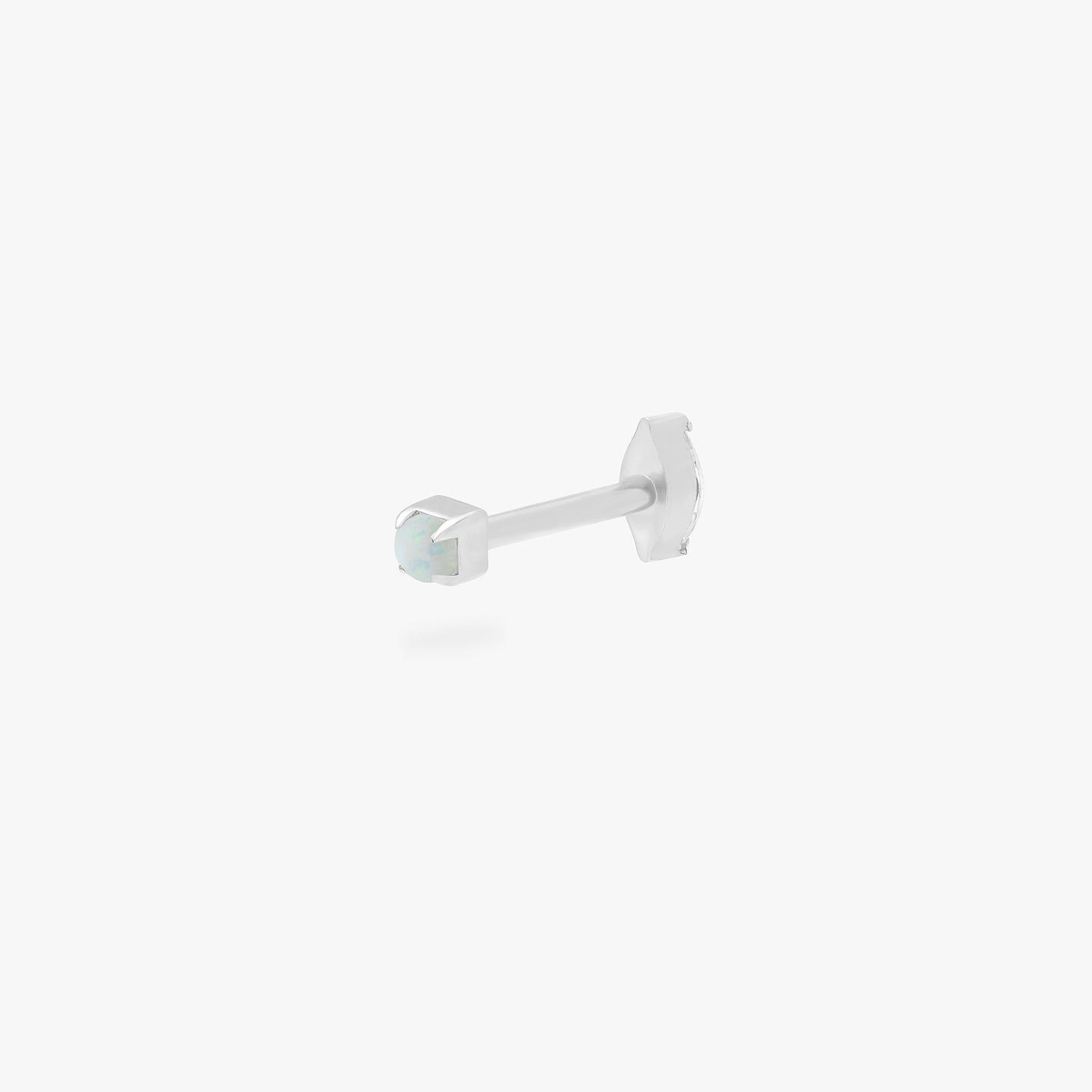 This is an image of a silver/opal flatback top with a silver/clear flatback post that has a marquise-shaped CZ. color:null|silver/opal
