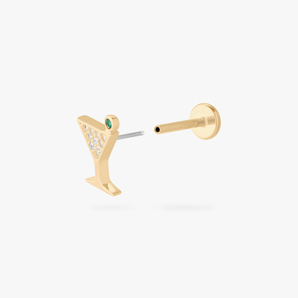 This image show the front view of the martini glass shaped gold earring with pave accents separated from labret