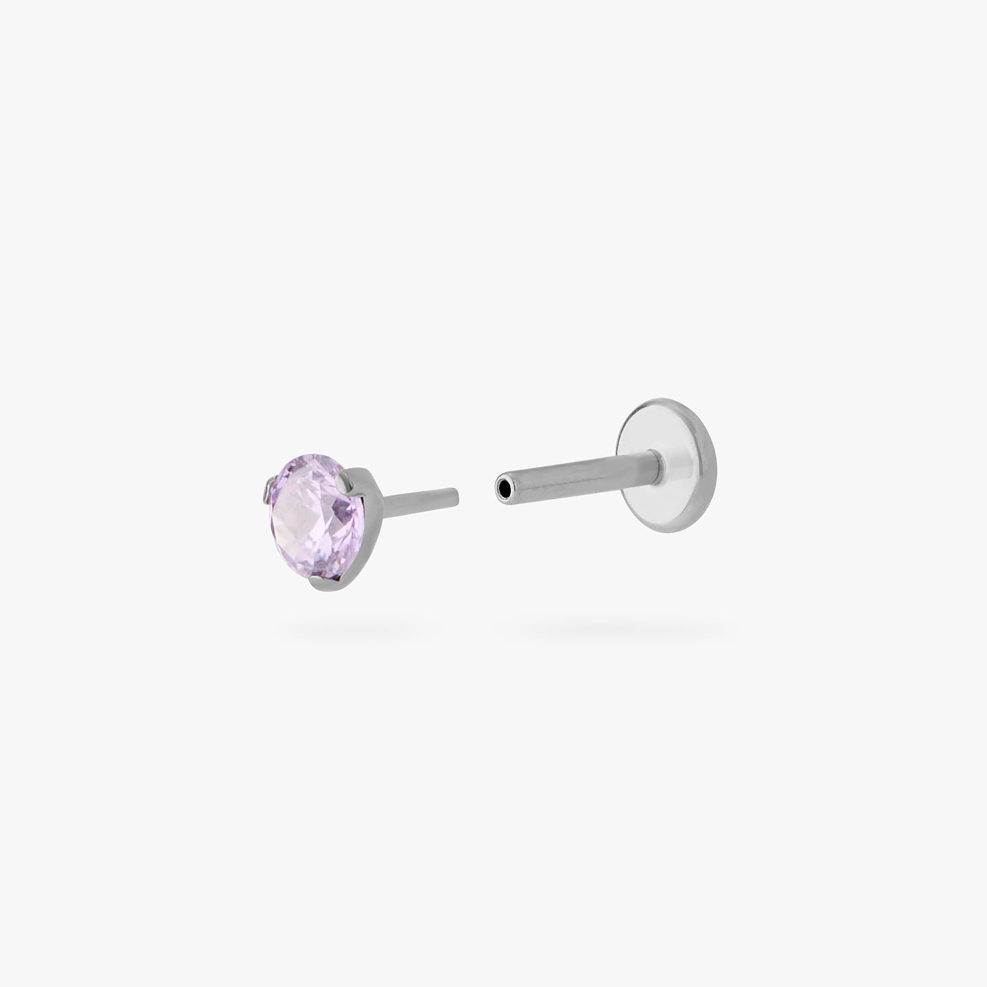 titanium flatback stud with a 2.5mm purple cz stone that comes with 2 backs in 6mm and 8mm lengths color:null|silver/purple