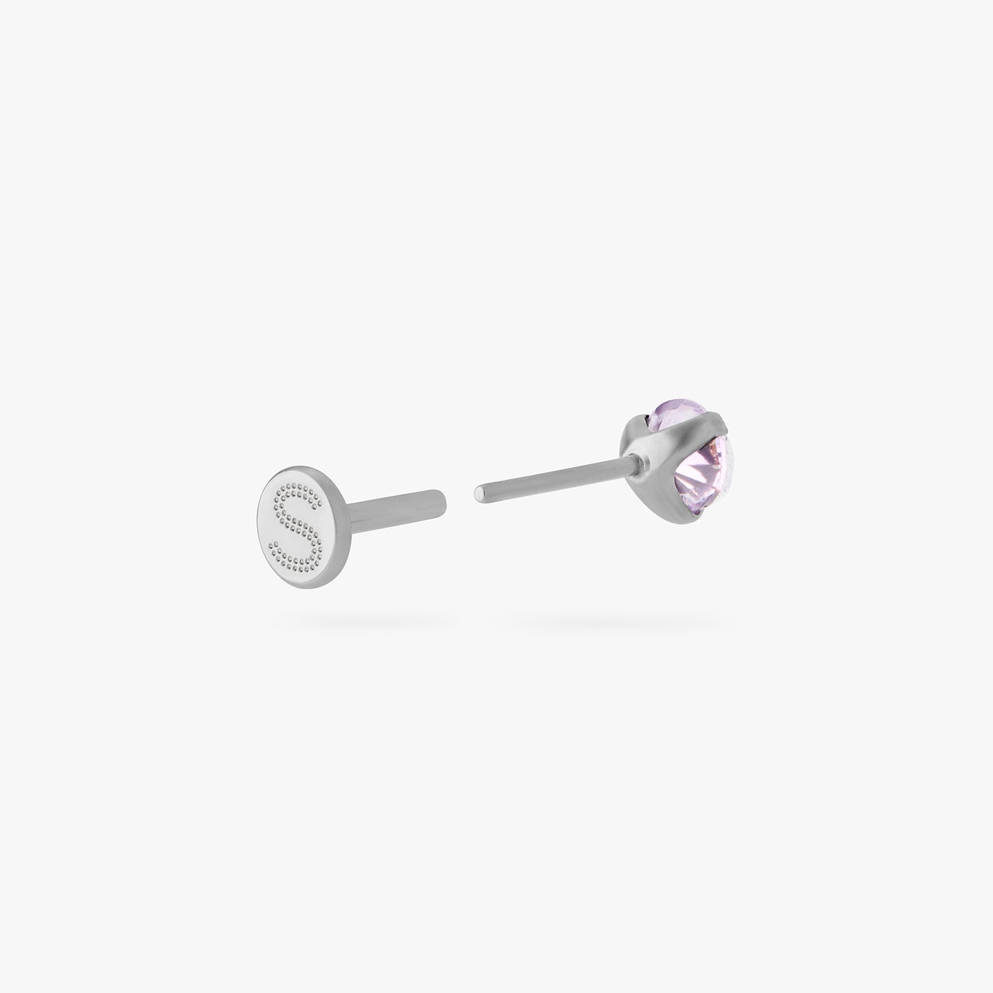 titanium flatback stud with a 2.5mm purple cz stone that comes with 2 backs in 6mm and 8mm lengths color:null|silver/purple