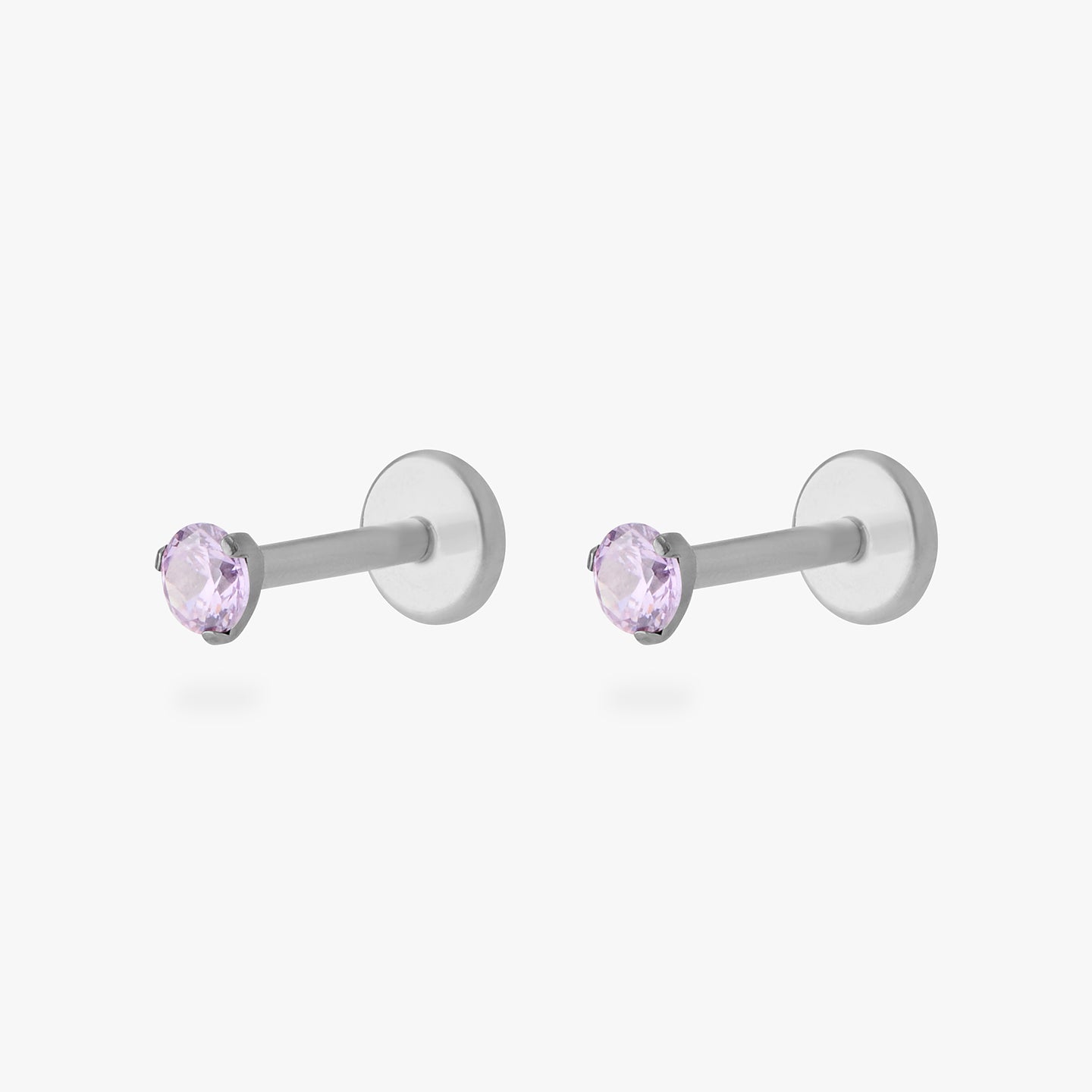 titanium flatback stud with a 2.5mm purple cz stone that comes with 2 backs in 6mm and 8mm lengths [pair] color:null|silver/purple