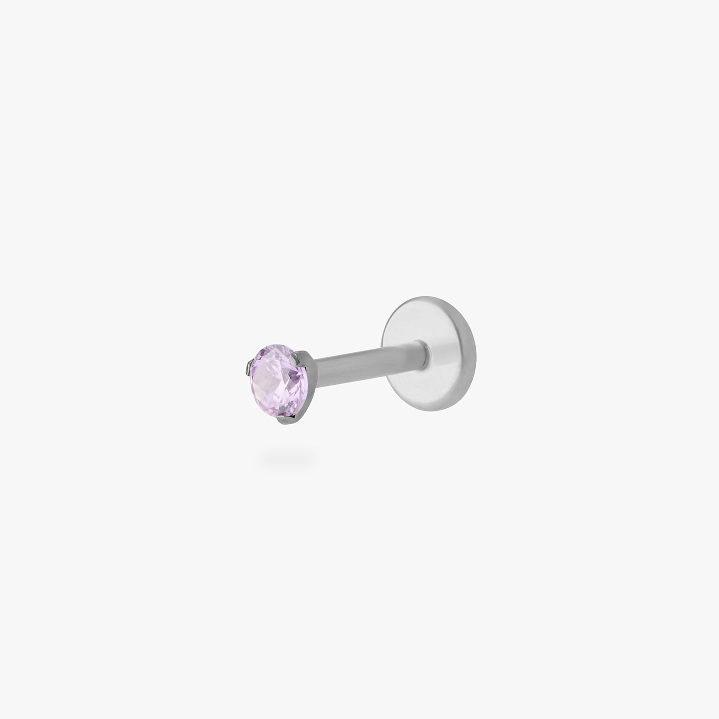 titanium flatback stud with a 2.5mm purple cz stone that comes with 2 backs in 6mm and 8mm lengths color:null|silver/purple