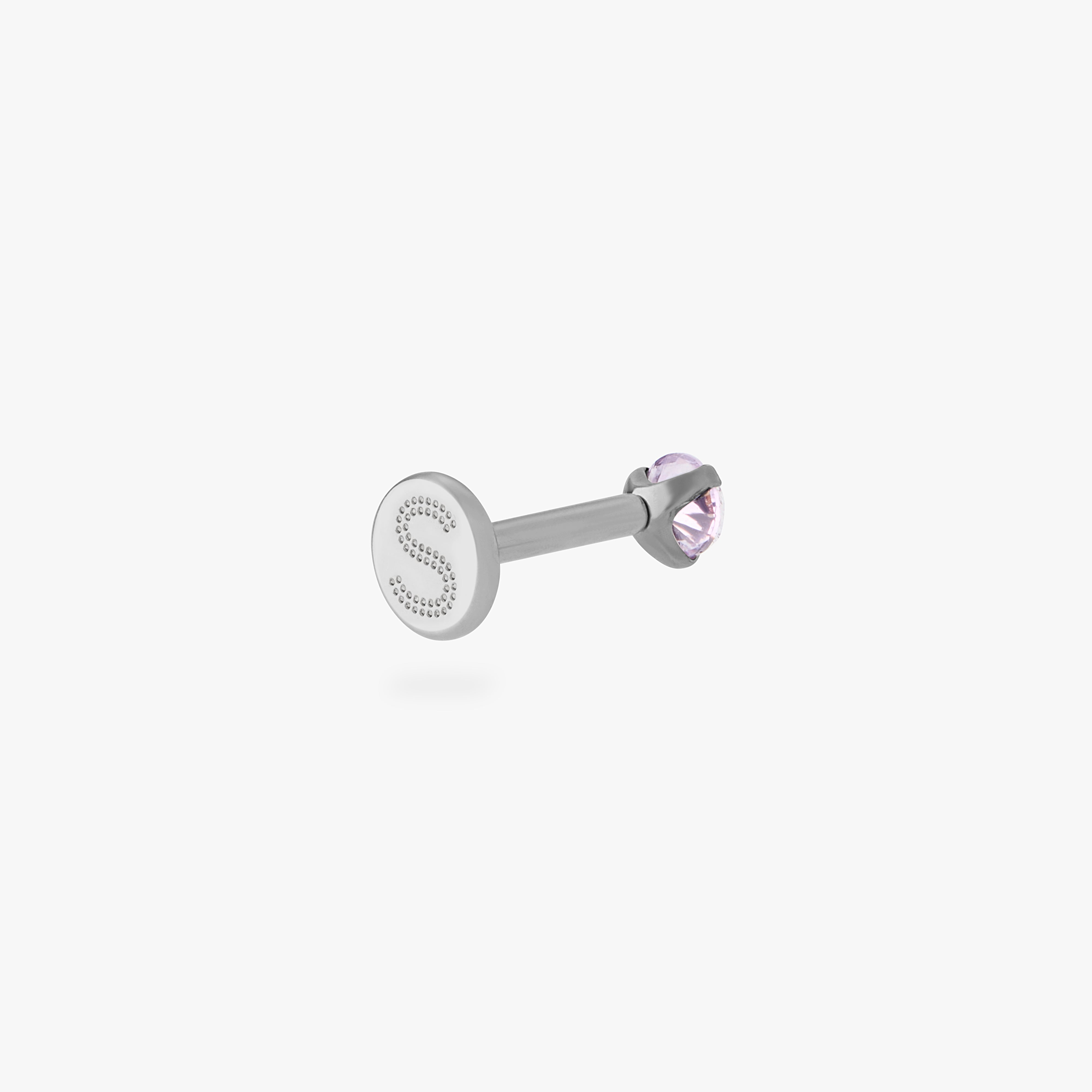 titanium flatback stud with a 2.5mm purple cz stone that comes with 2 backs in 6mm and 8mm lengths color:null|silver/purple