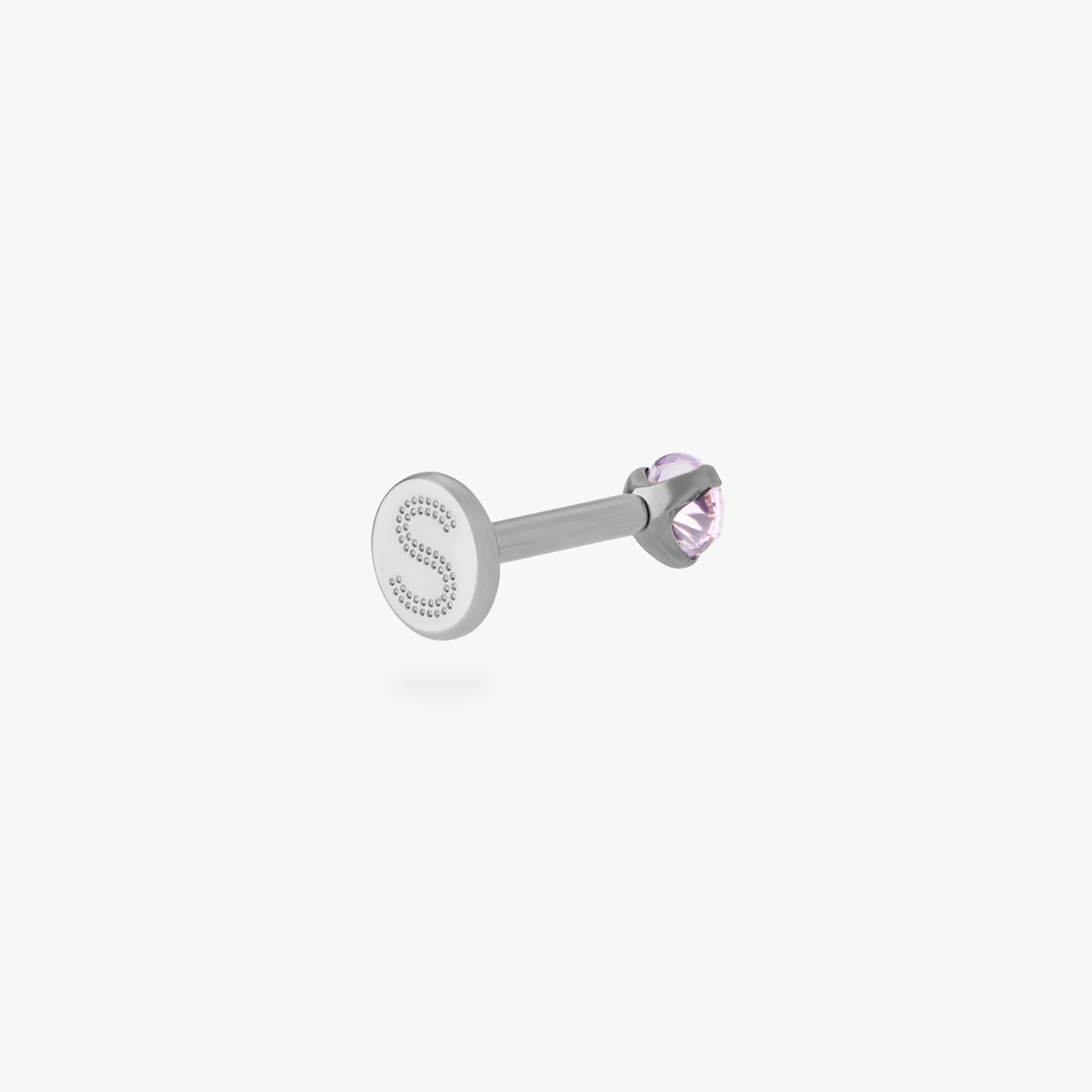 titanium flatback stud with a 2.5mm purple cz stone that comes with 2 backs in 6mm and 8mm lengths color:null|silver/purple