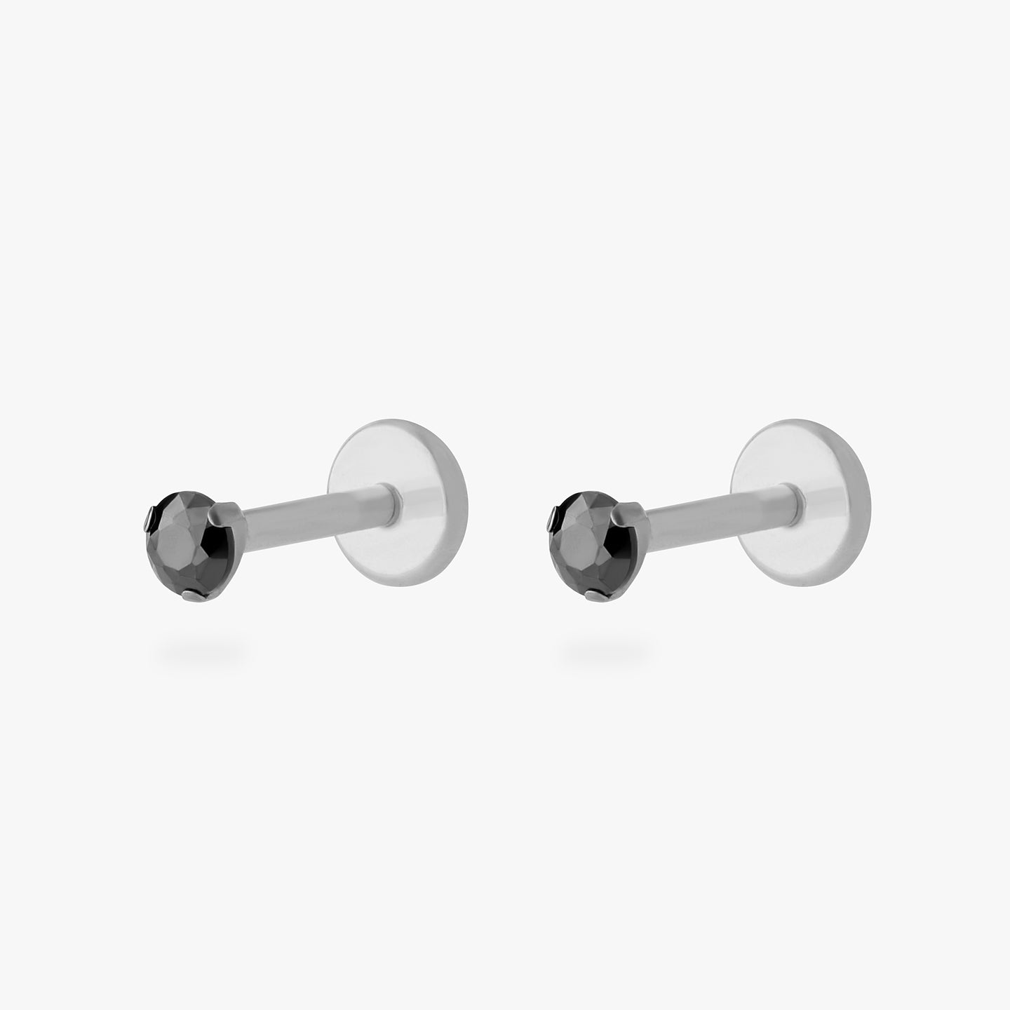 titanium flatback stud with a 2.5mm black cz stone that comes with 2 backs in 6mm and 8mm lengths [pair] color:null|silver/black