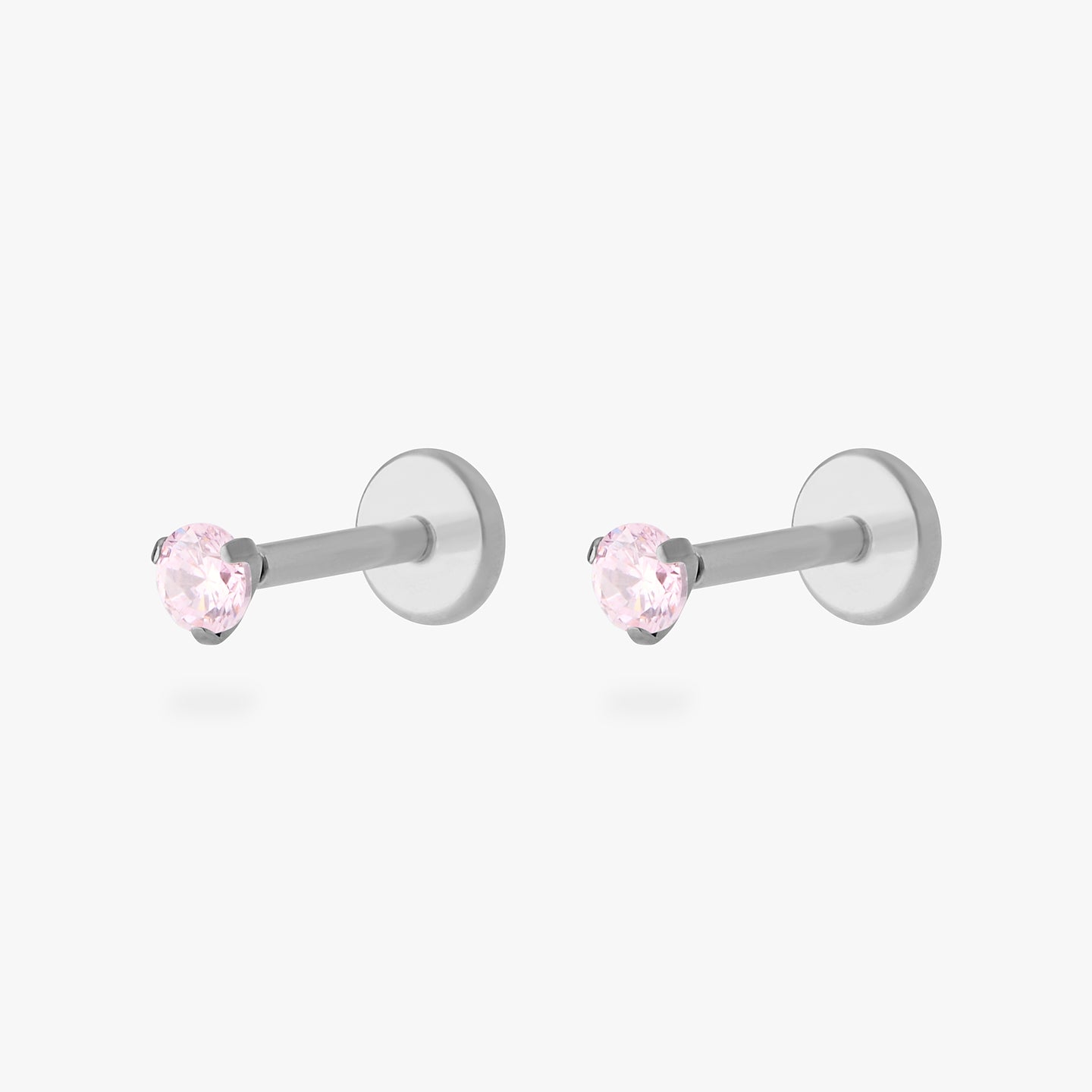 titanium flatback stud with a 2.5mm pink cz stone that comes with 2 backs in 6mm and 8mm lengths [pair] color:null|silver/pink