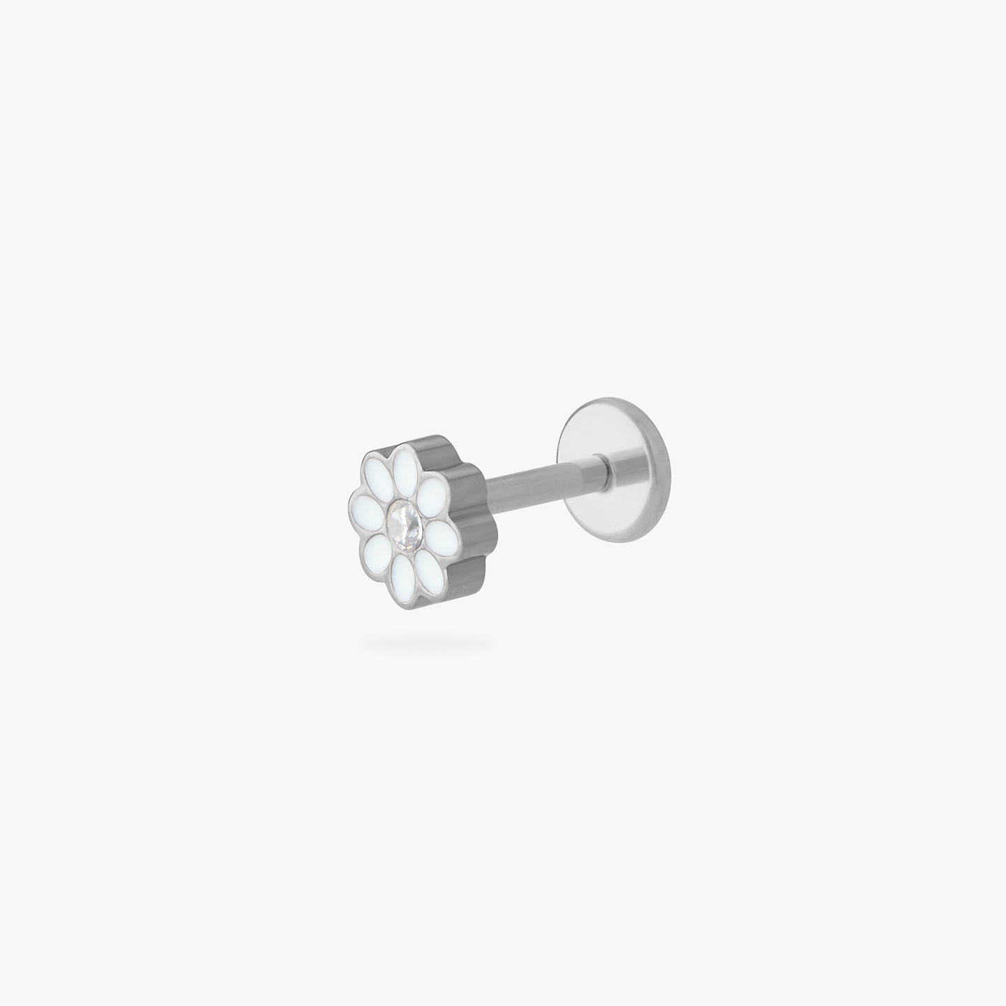 titanium enamel daisy flatback stud with white enamel and cz detailing color:null|titanium/white