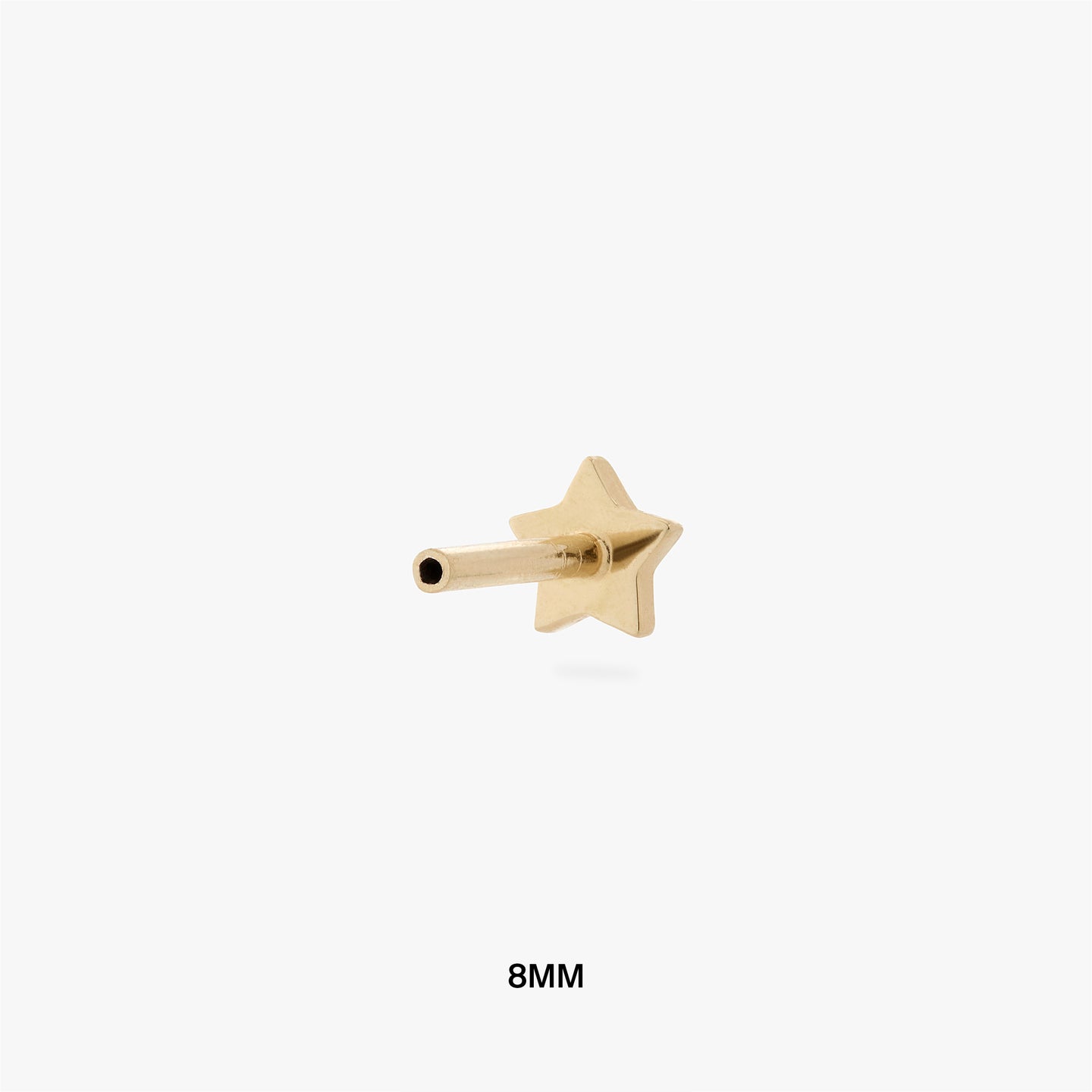 An image of a gold star shaped flatback post that is 8mm in length. color:null|8mm length