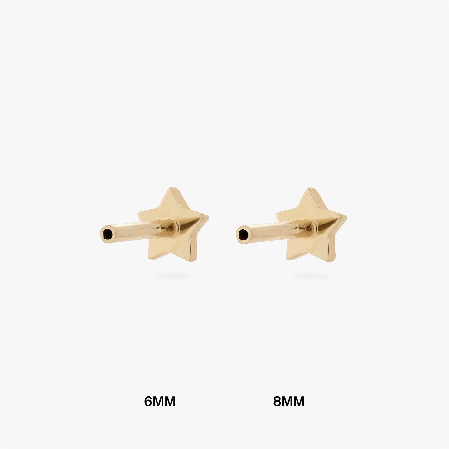 An image of a gold star shaped flatback post that is 6mm in length next to a gold star shaped flatback post in 8mm length. color:null|8mm length