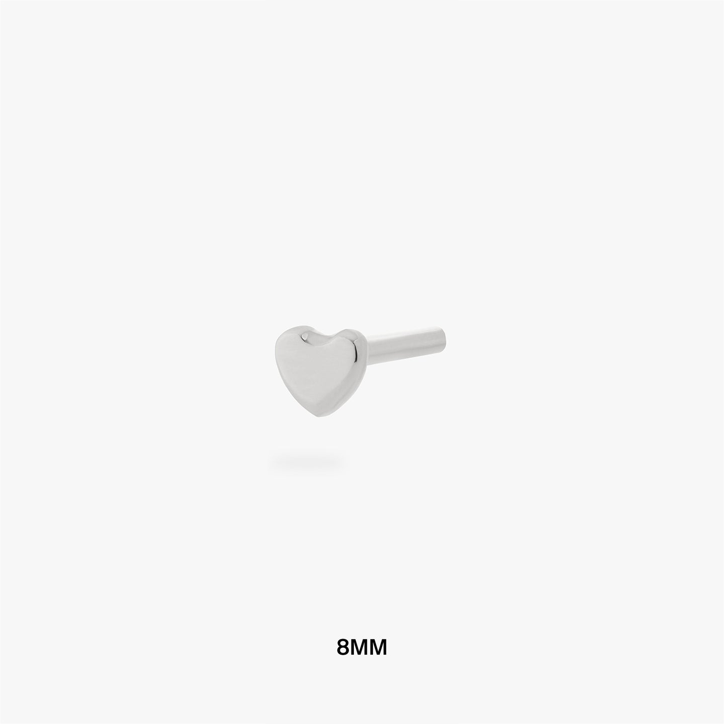 An image of a silver heart shaped flatback post that is 8mm in length. color:null|8mm length