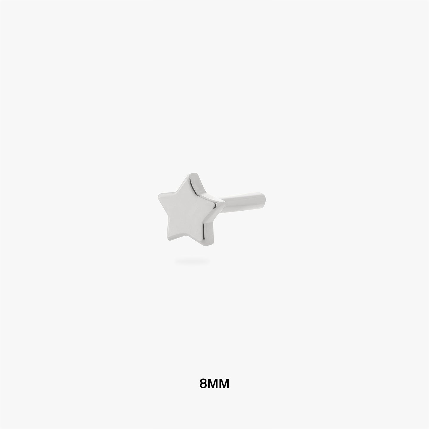 An image of a silver star shaped flatback post that is 8mm in length. color:null|8mm length
