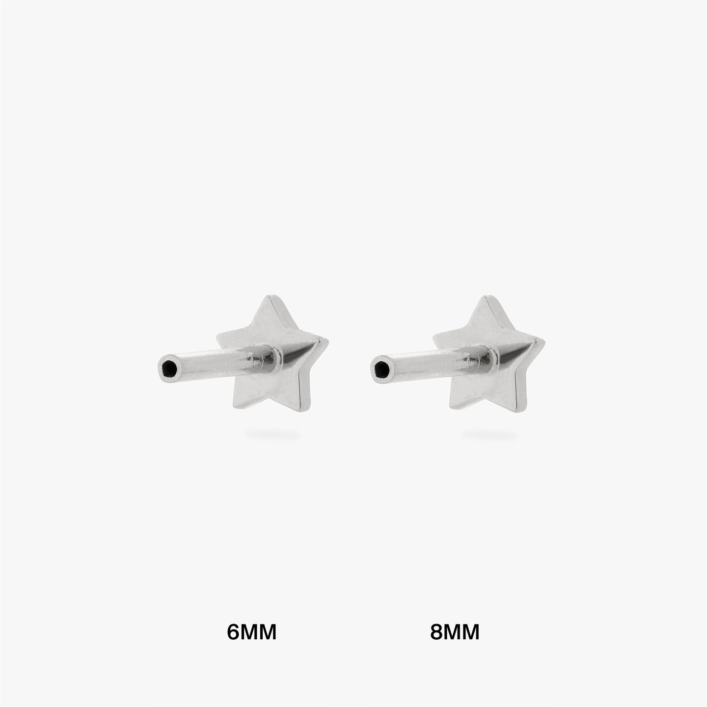 An image of a silver star shaped flatback post that is 6mm in length next to a silver star shaped flatback post that is 8mm in length. color:null|8mm length