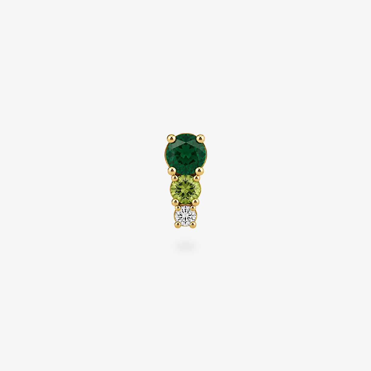 This image shows a front view of a Golden titanium flatback with three cz stones. the top one is a dark green, the middle a light green and the bottom cz is clear. - Alternative view 2
