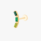 This image shows the side view of a baguette golden titanium flatback with three green cz stones