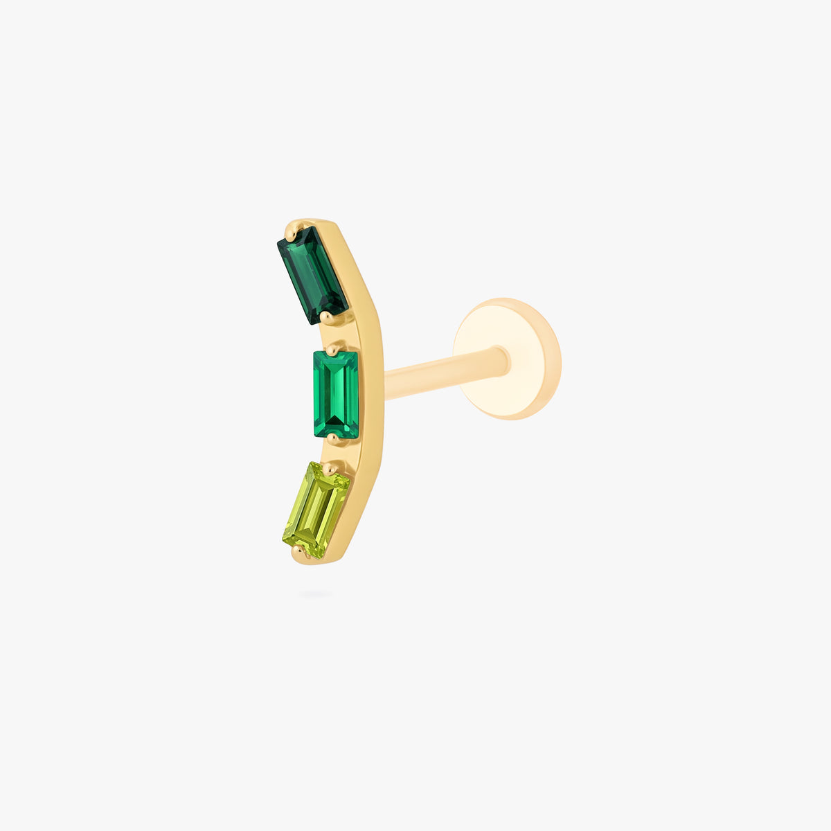 This image shows the side view of a baguette golden titanium flatback with three green cz stones
