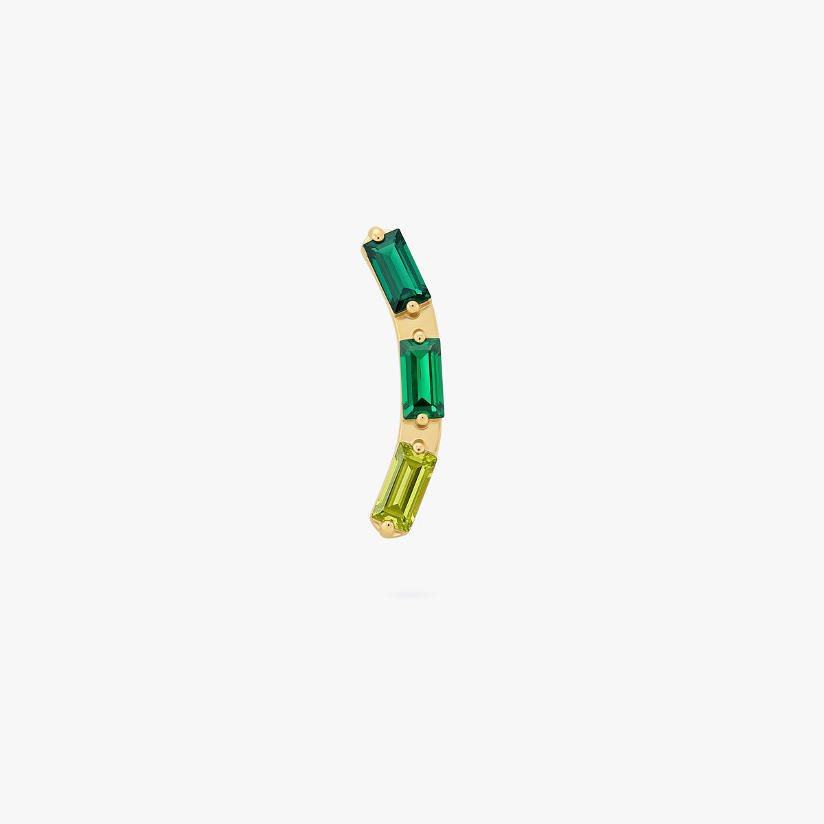 This image shows the front view of a golden titanium baguette flatback with three green cz stones. 