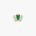 This image the front view of the golden ti micro crown baguette flatback. the flatback has two clear cz and one green cz in the middle. 